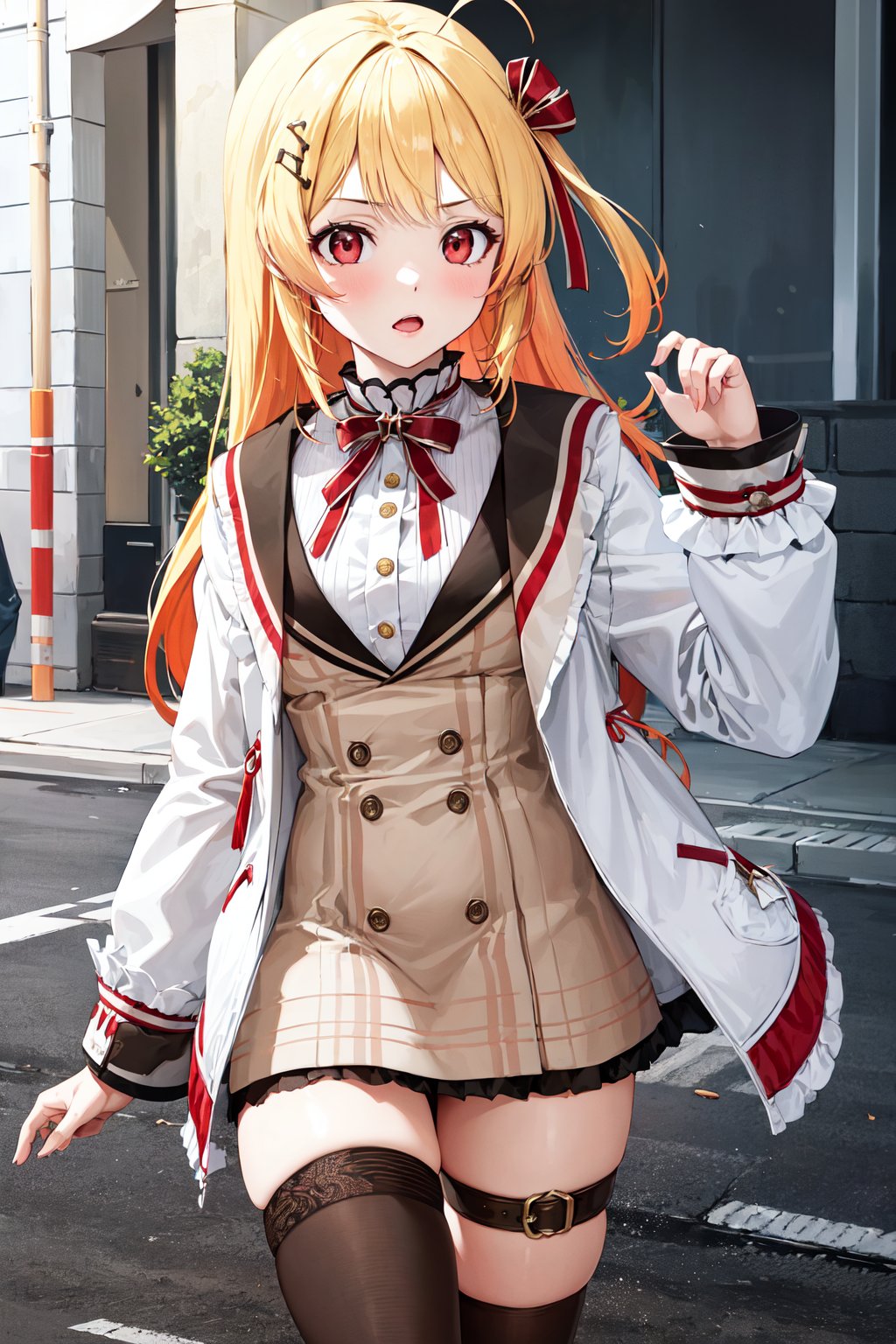 masterpiece, best quality, highres, kanadeyj, long hair, one side up, hair ribbon, hair ornament, ahoge, red eyes, neck ribbon, red ribbon, brown dress, white jacket, open clothes, long sleeves, thigh strap, black thighhighs, <lora:otonose_kanade_v1:0.7>, standing, cowboy shot, street,