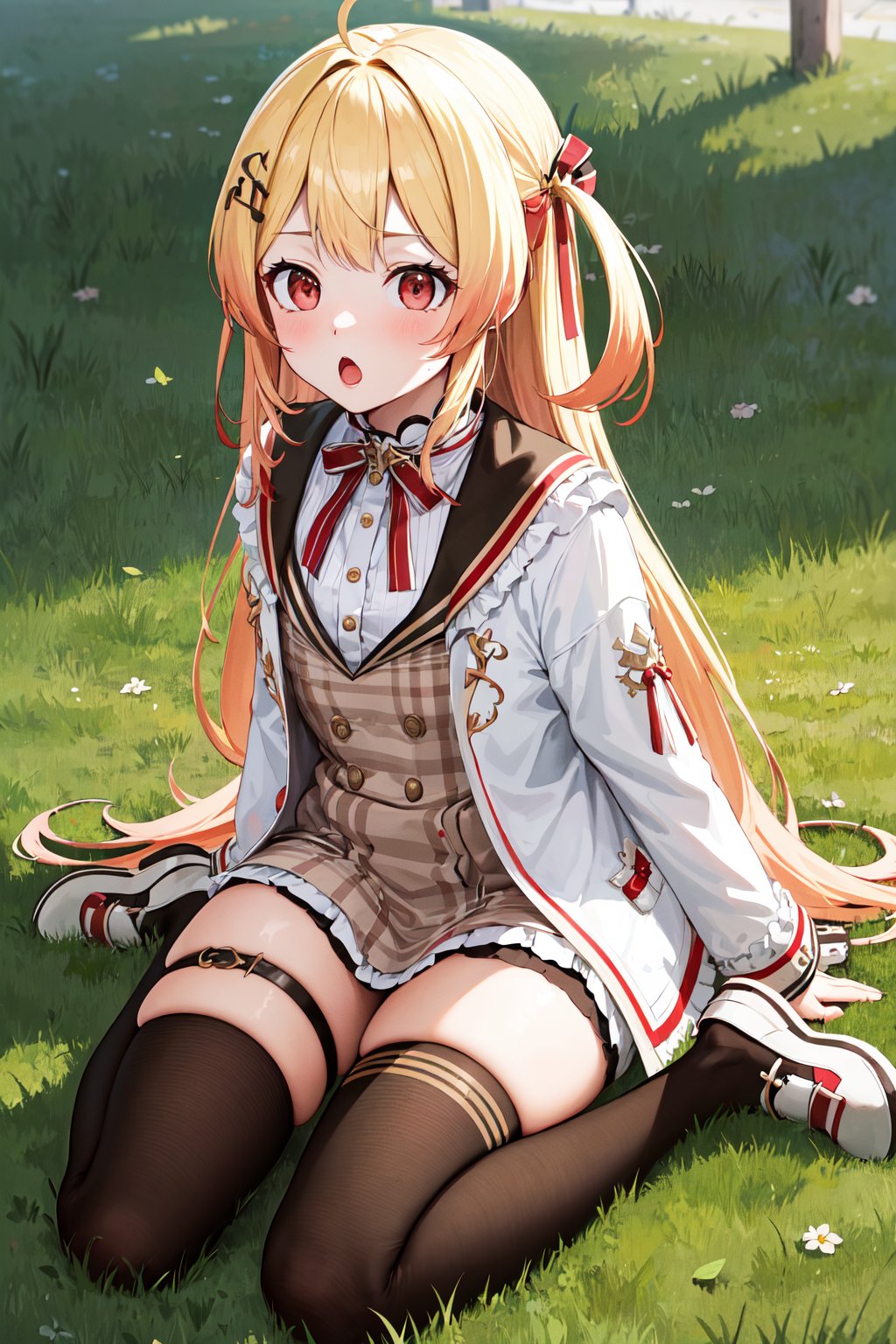 masterpiece, best quality, highres, kanadeyj, long hair, one side up, hair ribbon, hair ornament, ahoge, red eyes, neck ribbon, red ribbon, brown dress, white jacket, open clothes, long sleeves, thigh strap, black thighhighs, <lora:otonose_kanade_v1:0.7>, grass, field, :o, wariza, white footwear, 