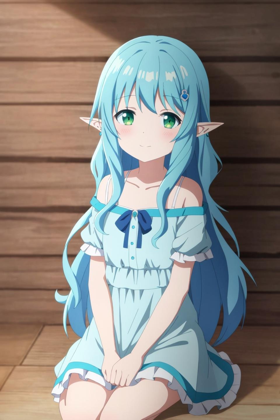 myuu, anime art style, 1girl, solo, long_hair, looking_at_viewer, hair_ornament, dress, sitting, green_eyes, blue_hair, pointy_ears, hairclip, white_dress, elf, wooden_wall