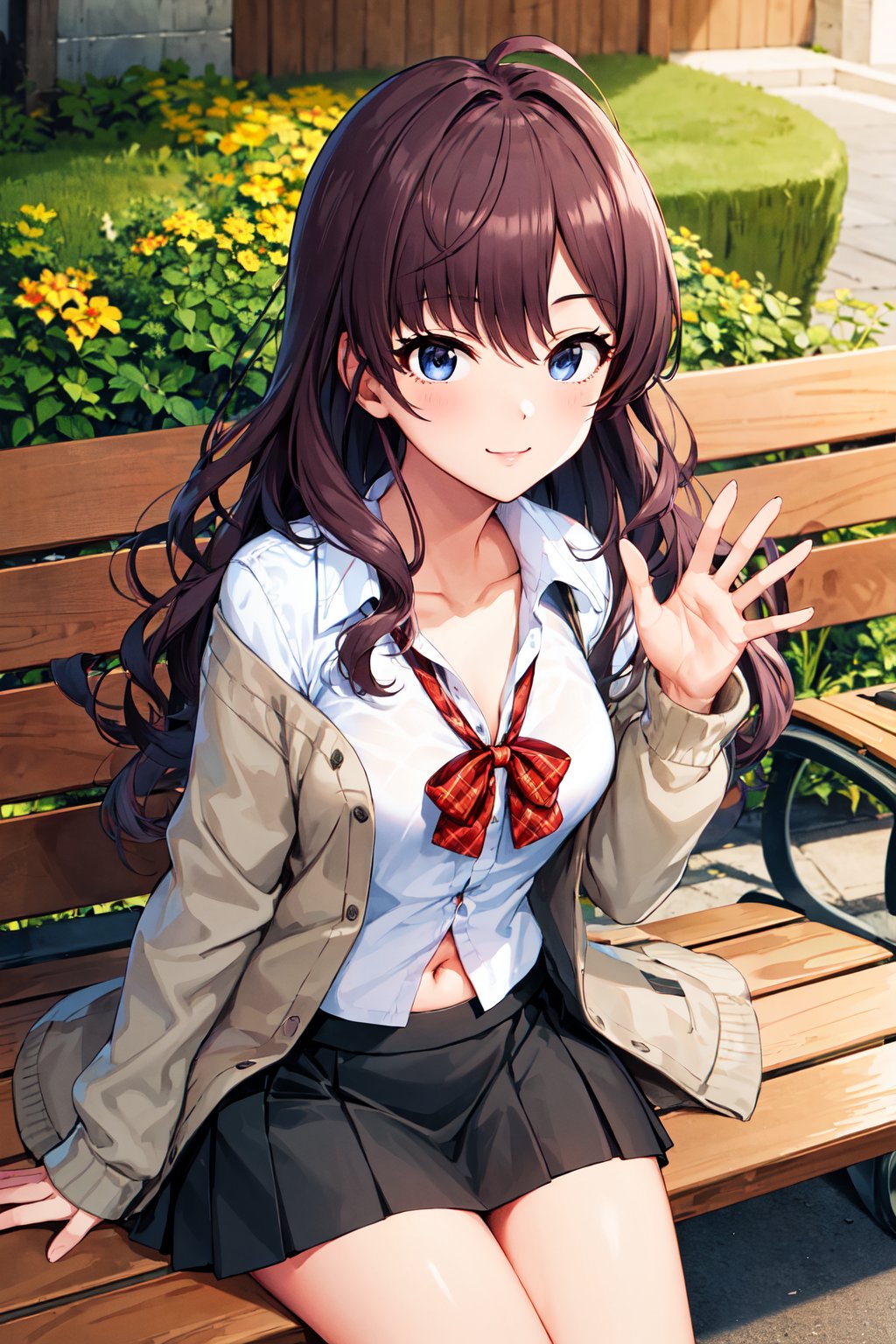 masterpiece, best quality, highres, ichinose shiki, idolmaster, long hair, ahoge, medium breasts, red bowtie, plaid bowtie, white shirt, cardigan, navel, black skirt, pleated skirt, <lora:ichinose_shiki_v1:0.7>, waving, sitting, bench, outdoors, smile, 