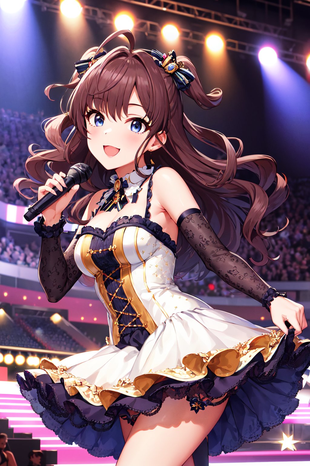 masterpiece, best quality, highres, ichinose shiki, idolmaster, long hair, ahoge, medium breasts, <lora:ichinose_shiki_v1:0.7>,  hair ornament, mini hat, cleavage, dress, frills, detached sleeves, stage, smile, open mouth, holding, holding microphone, 