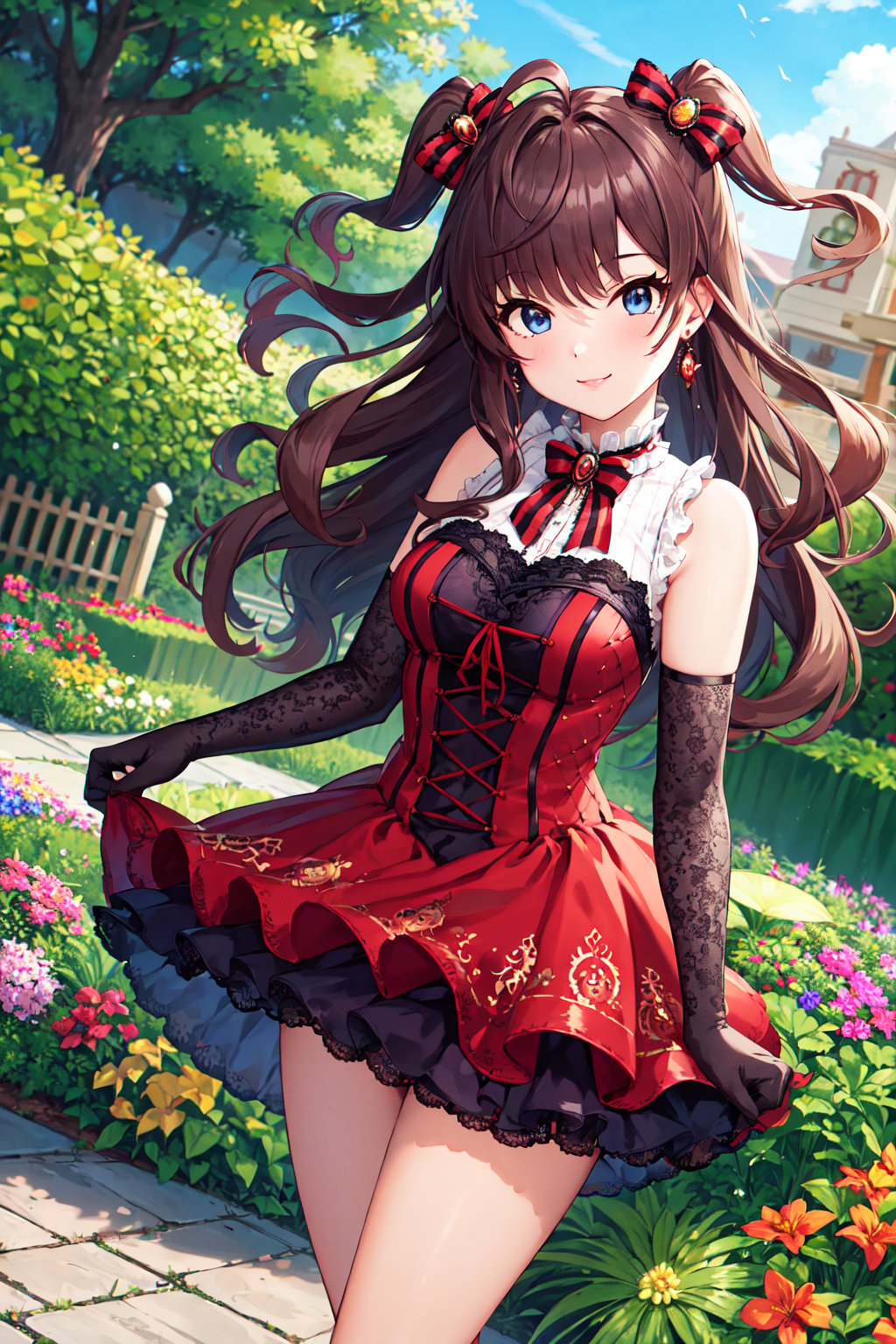 masterpiece, best quality, highres, ichinose shiki, idolmaster, long hair, two side up, hair bow, ahoge, medium breasts, earrings, bare shoulders,  frills, red dress, elbow gloves, black gloves, <lora:ichinose_shiki_v1:0.7>, garden, standing, smile, cowboy shot,