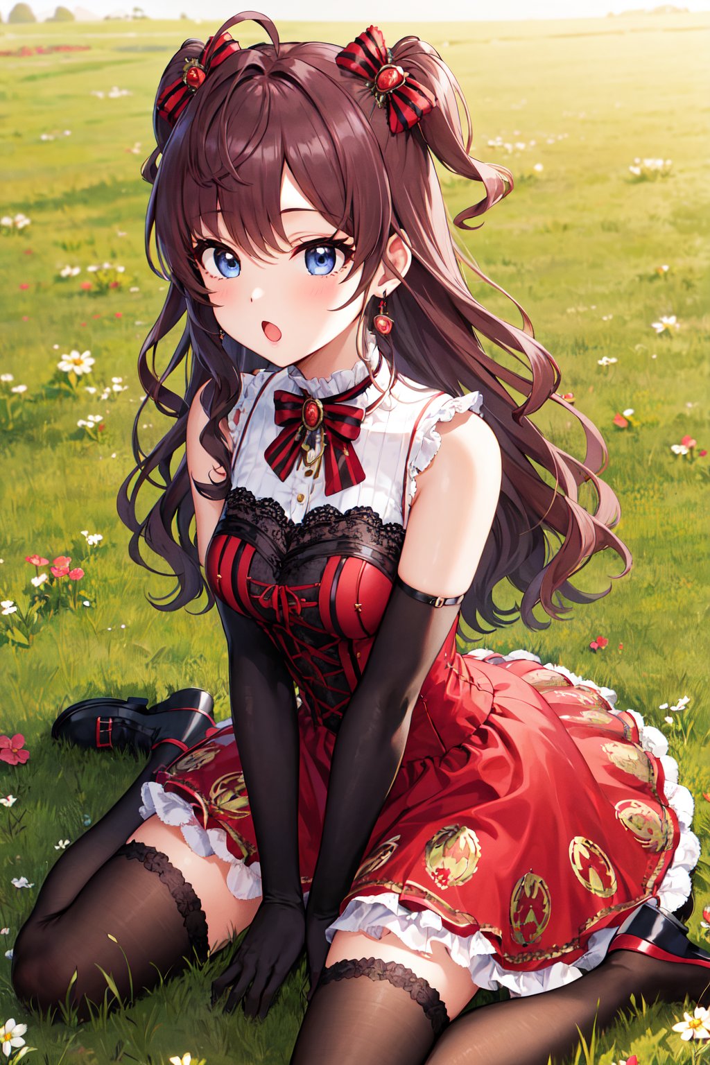 masterpiece, best quality, highres, ichinose shiki, idolmaster, long hair, two side up, hair bow, ahoge, medium breasts, earrings, bare shoulders,  frills, red dress, elbow gloves, black gloves, <lora:ichinose_shiki_v1:0.7>, field, grass, :o. wariza