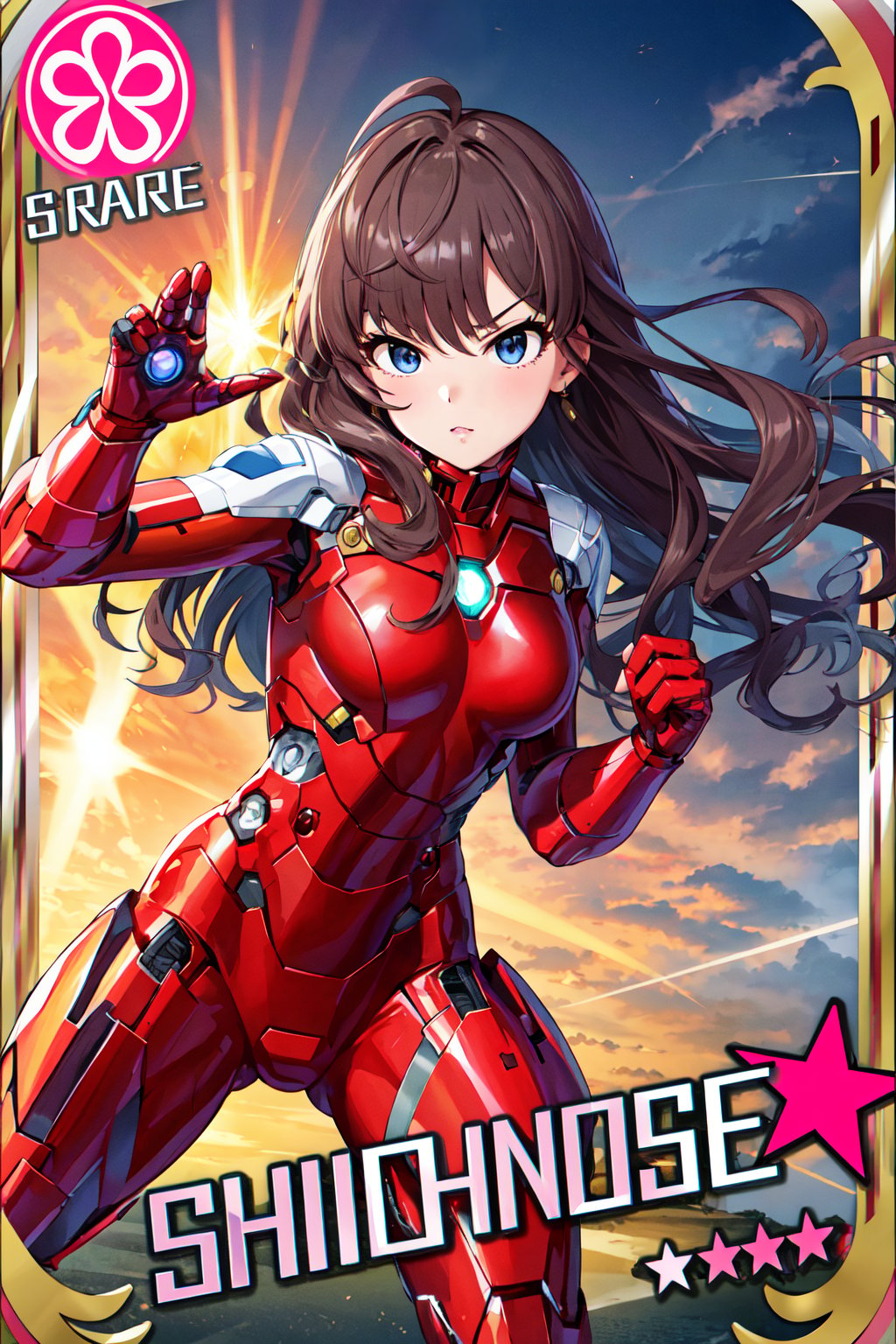 masterpiece, best quality, highres, ichinose shiki, idolmaster, long hair, ahoge, medium breasts, <lora:ichinose_shiki_v1:0.7>, iron man, bodysuit, serious, fighting stance, card \(medium\), 