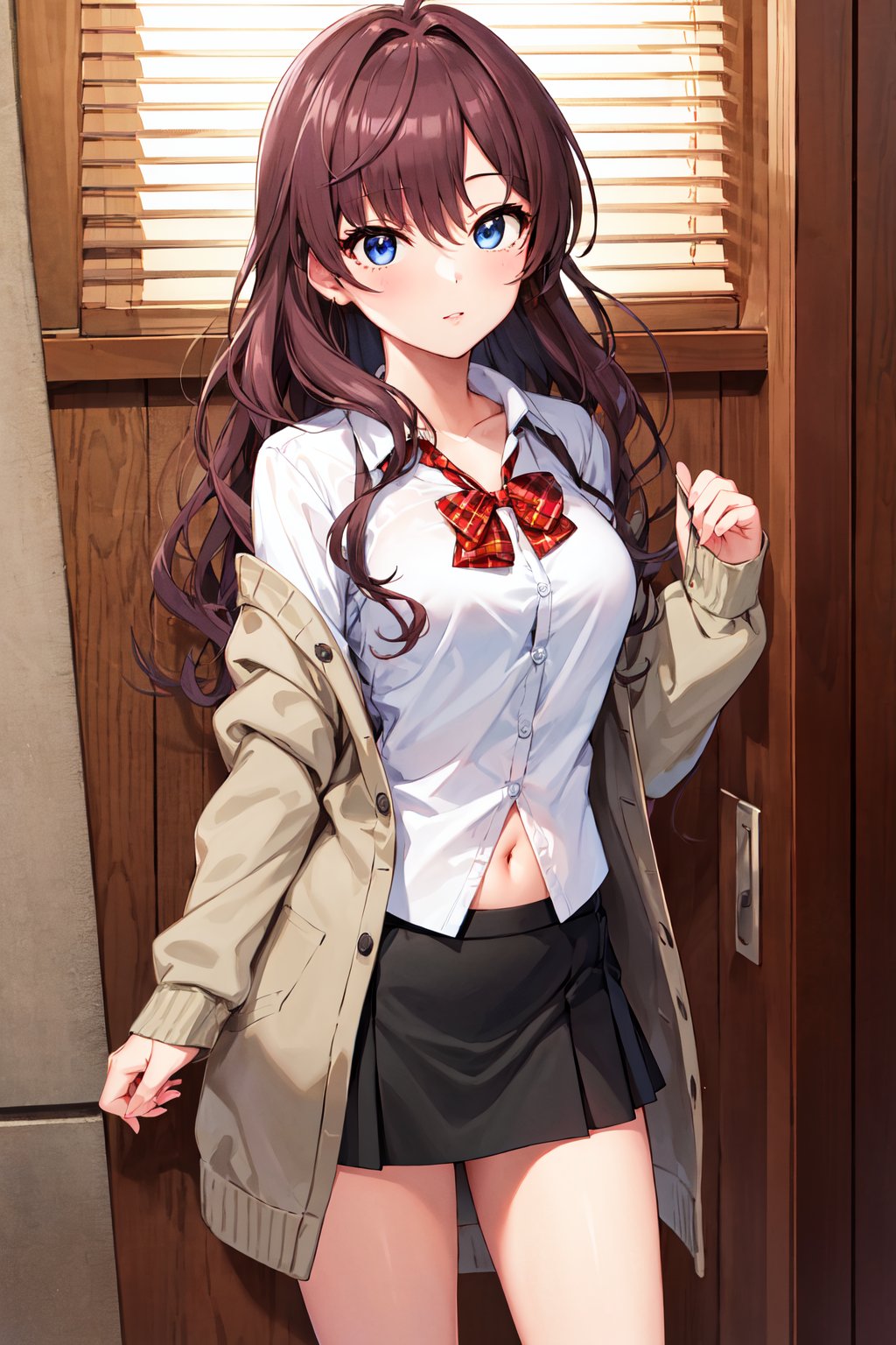 masterpiece, best quality, highres, ichinose shiki, idolmaster, long hair, ahoge, medium breasts, red bowtie, plaid bowtie, white shirt, cardigan, navel, black skirt, pleated skirt, <lora:ichinose_shiki_v1:0.7>, standing, indoors, cowboy shot, 