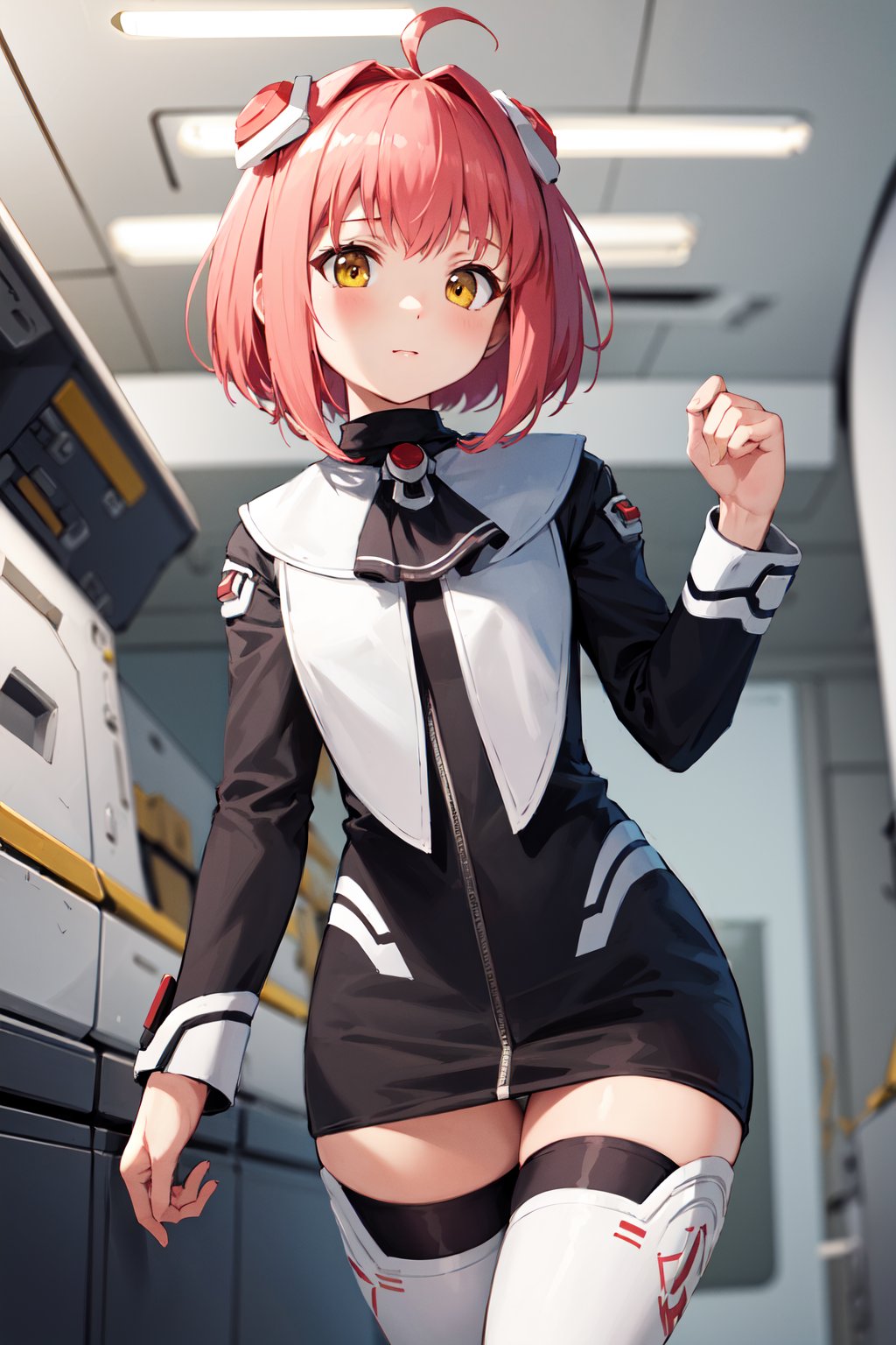 masterpiece, best quality, highres, aamomo, short hair, ahoge, hair ornament, black ascot, black dress, short dress, long sleeves, white thighhighs, <lora:m.o.m.o_v1:0.7>, indoors, spacecraft, standing