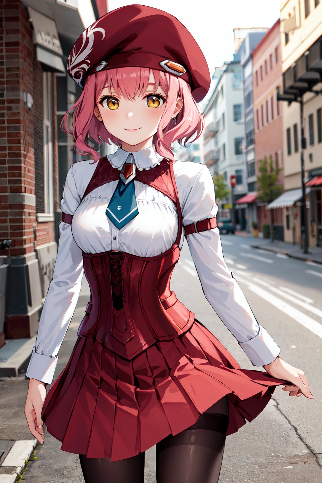 masterpiece, best quality, highres, bbmomo, short hair, beret, red headwear, short necktie, white shirt, corset, red skirt, black pantyhose, <lora:m.o.m.o_v1:0.7>, streeet, standing, cowboy shot, smile