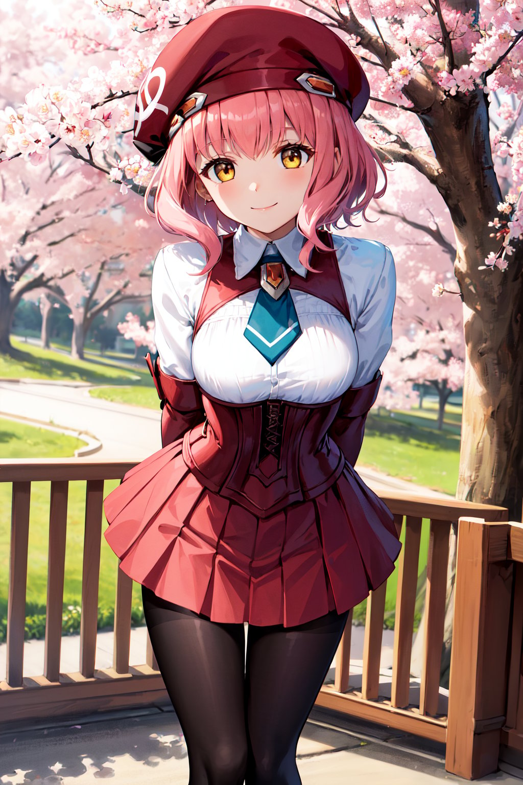 masterpiece, best quality, highres, bbmomo, short hair, beret, red headwear, short necktie, white shirt, corset, red skirt, black pantyhose, <lora:m.o.m.o_v1:0.7>, standing, outdoors, cherry blossoms, arms behind back, leaning forward, smile, 