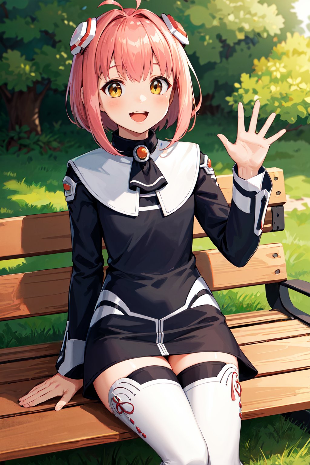 masterpiece, best quality, highres, aamomo, short hair, ahoge, hair ornament, black ascot, black dress, short dress, long sleeves, white thighhighs, <lora:m.o.m.o_v1:0.7>, sitting, bench, outdoors, smile, open mouth, waving,