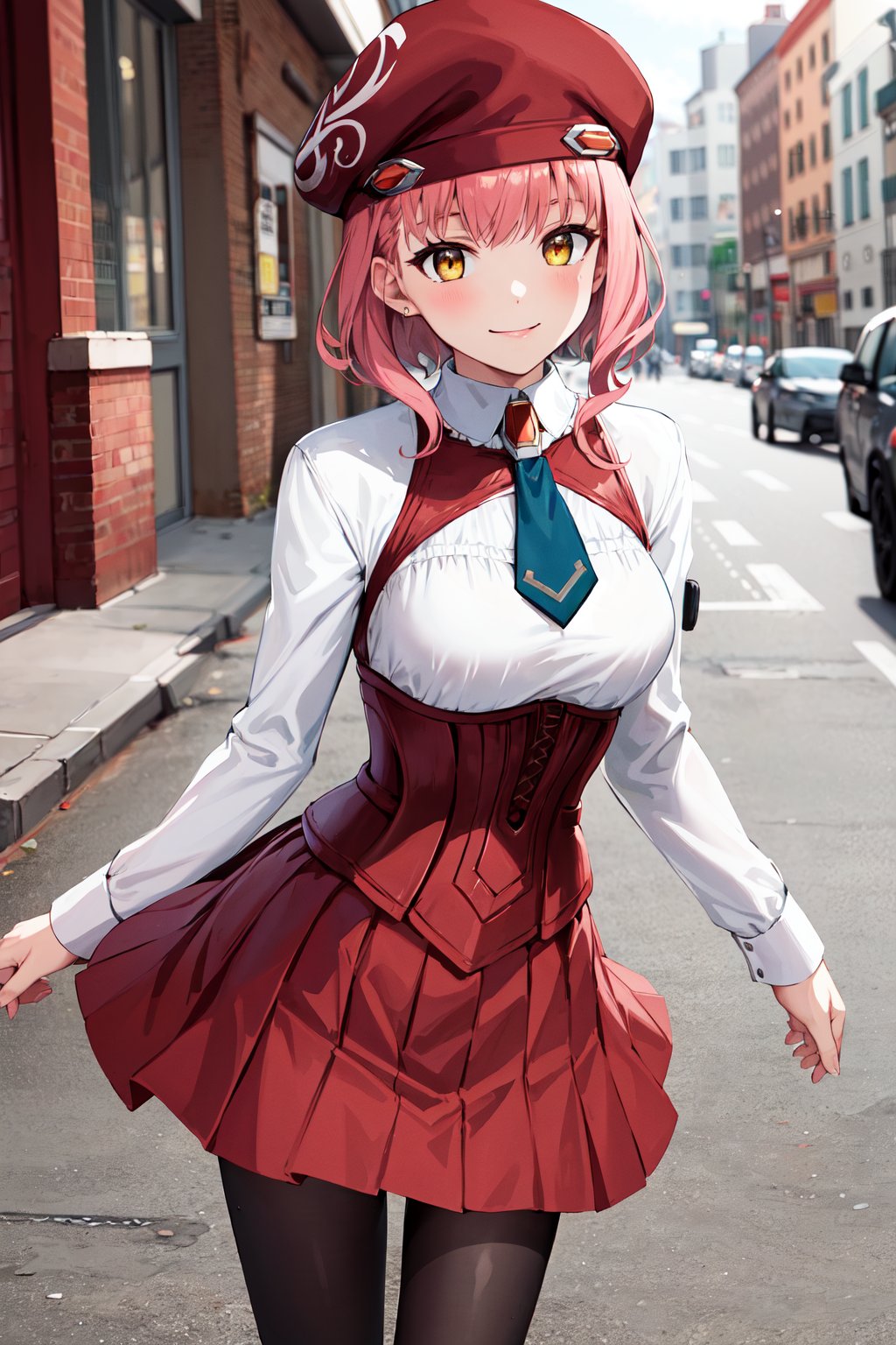 masterpiece, best quality, highres, bbmomo, short hair, beret, red headwear, short necktie, white shirt, corset, red skirt, black pantyhose, <lora:m.o.m.o_v1:0.7>, streeet, standing, cowboy shot, smile