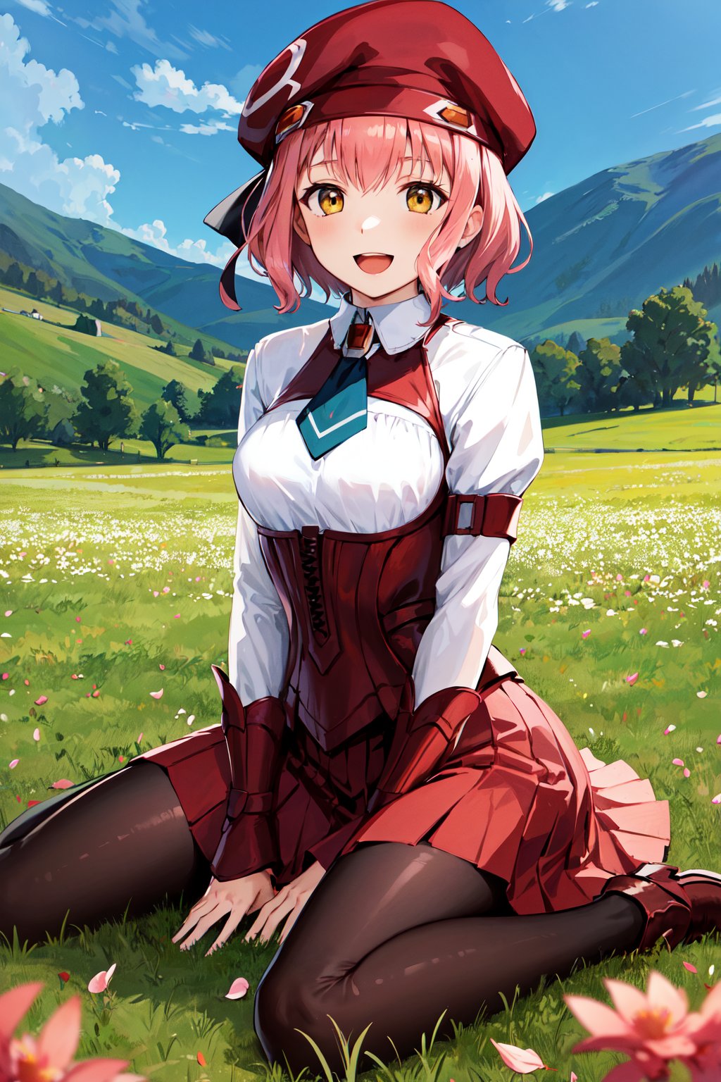 masterpiece, best quality, highres, bbmomo, short hair, beret, red headwear, short necktie, white shirt, corset, red skirt, black pantyhose, <lora:m.o.m.o_v1:0.7>, grass, field, wariza, smile, open mouth, petals, 