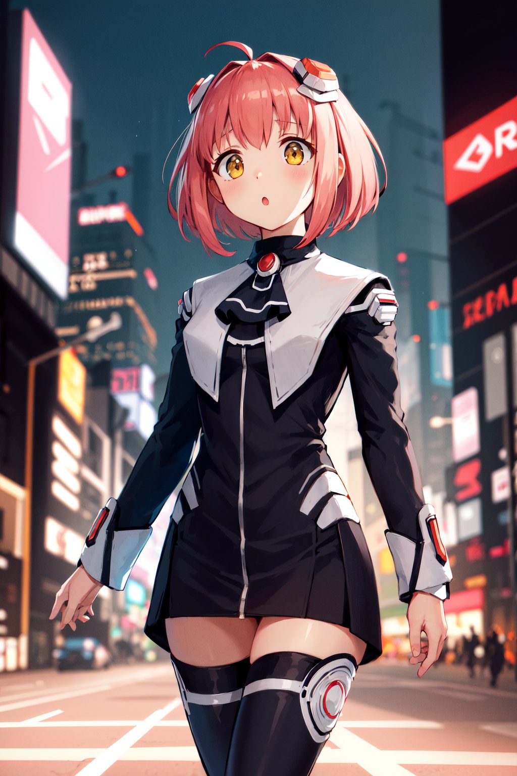 masterpiece, best quality, highres, aamomo, short hair, ahoge, hair ornament, black ascot, black dress, short dress, long sleeves, white thighhighs, <lora:m.o.m.o_v1:0.7>, walking, cyberpunk, :o,