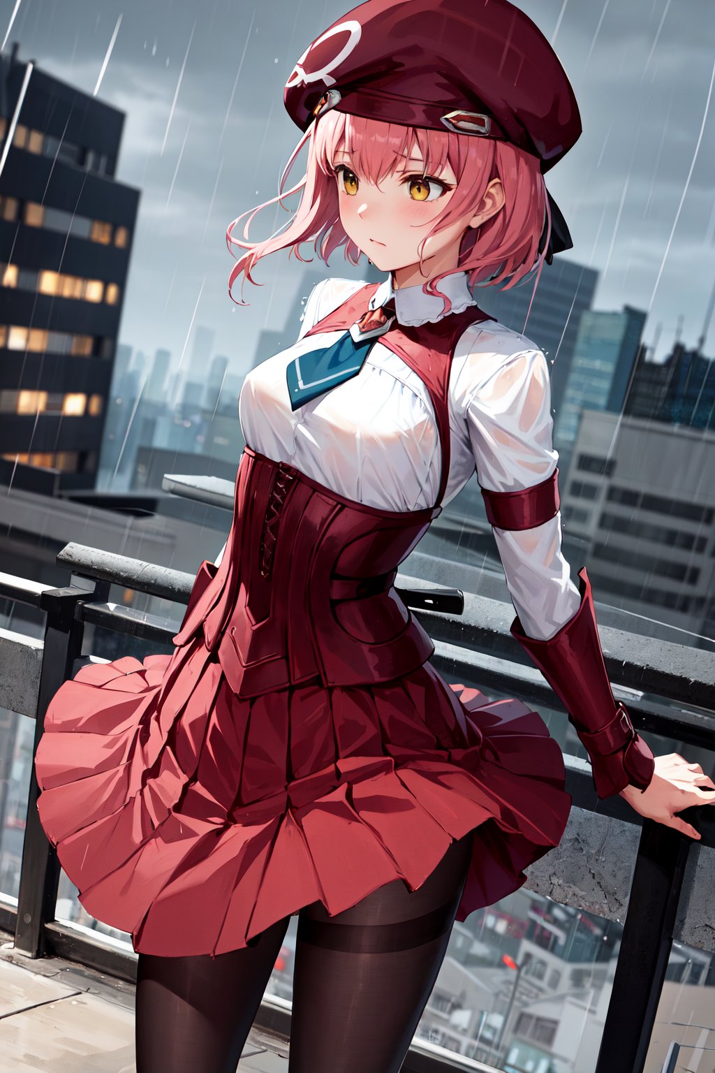 masterpiece, best quality, highres, bbmomo, short hair, beret, red headwear, short necktie, white shirt, corset, red skirt, black pantyhose, <lora:m.o.m.o_v1:0.7>, rooftop, standing, (rain:1.2), night, wet, sad,