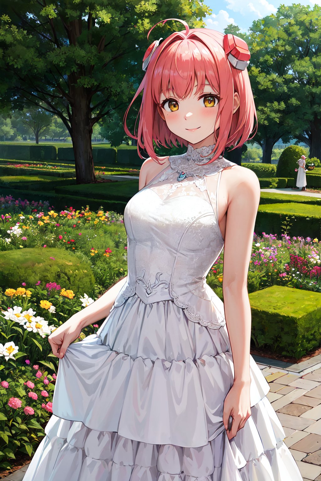 masterpiece, best quality, highres, aamomo, short hair, ahoge, hair ornament, <lora:m.o.m.o_v1:0.7>, wedding dress, standing, cowboy shot, garden, smile