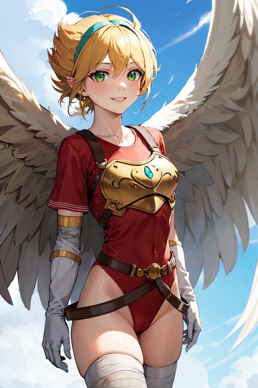 masterpiece, best quality, highres, aanina, blonde hair, short hair, floating hair, hairband, green eyes, feathered wings, white wings, armor, red leotard, red shirt, belt, elbow gloves, white gloves, bandages, thighhighs, <lora:nina_bof1_v1:0.8>, cowboy shot, standing, outdoors, arms at sides, smile