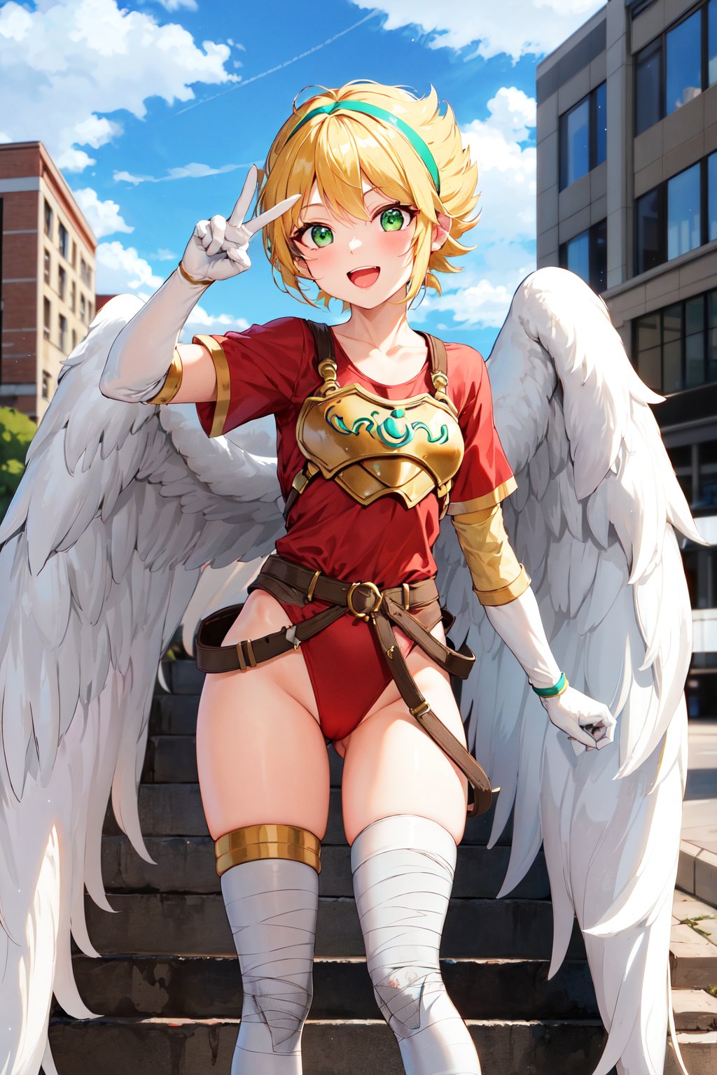 masterpiece, best quality, highres, aanina, blonde hair, short hair, floating hair, hairband, green eyes, feathered wings, white wings, armor, red leotard, red shirt, belt, elbow gloves, white gloves, bandages, thighhighs, <lora:nina_bof1_v1:0.8>, street, city, standing, smile, open mouth, peace sign