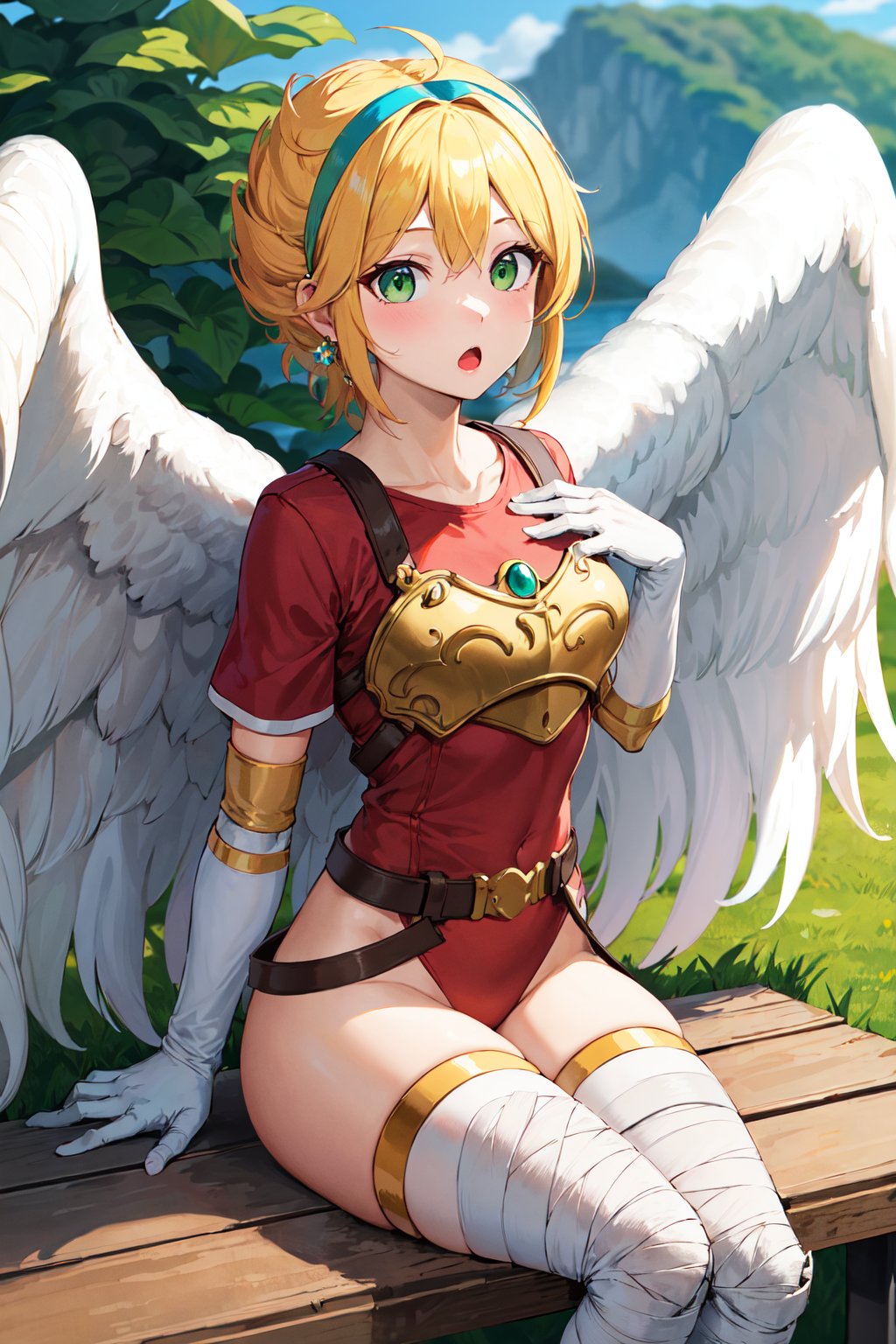 masterpiece, best quality, highres, aanina, blonde hair, short hair, floating hair, hairband, green eyes, feathered wings, white wings, armor, red leotard, red shirt, belt, elbow gloves, white gloves, bandages, thighhighs, <lora:nina_bof1_v1:0.8>, sitting, bench, :o,