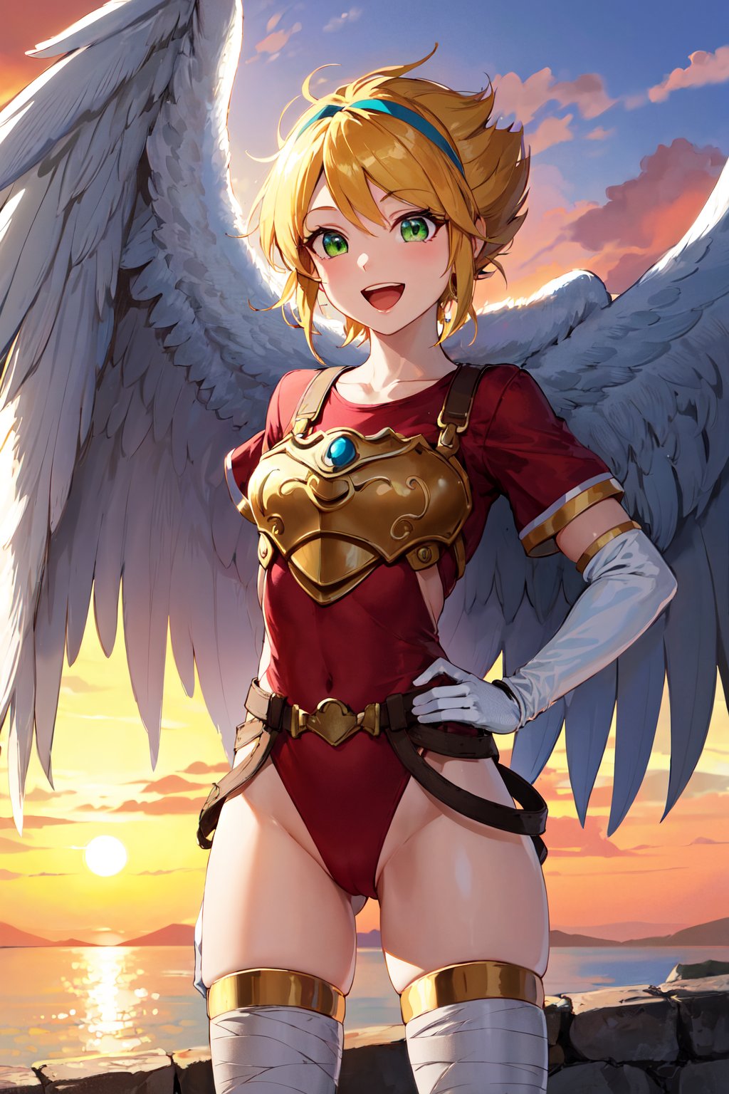 masterpiece, best quality, highres, aanina, blonde hair, short hair, floating hair, hairband, green eyes, feathered wings, white wings, armor, red leotard, red shirt, belt, elbow gloves, white gloves, bandages, thighhighs, <lora:nina_bof1_v1:0.8>,  hand on hip, smile, open mouth, sunset