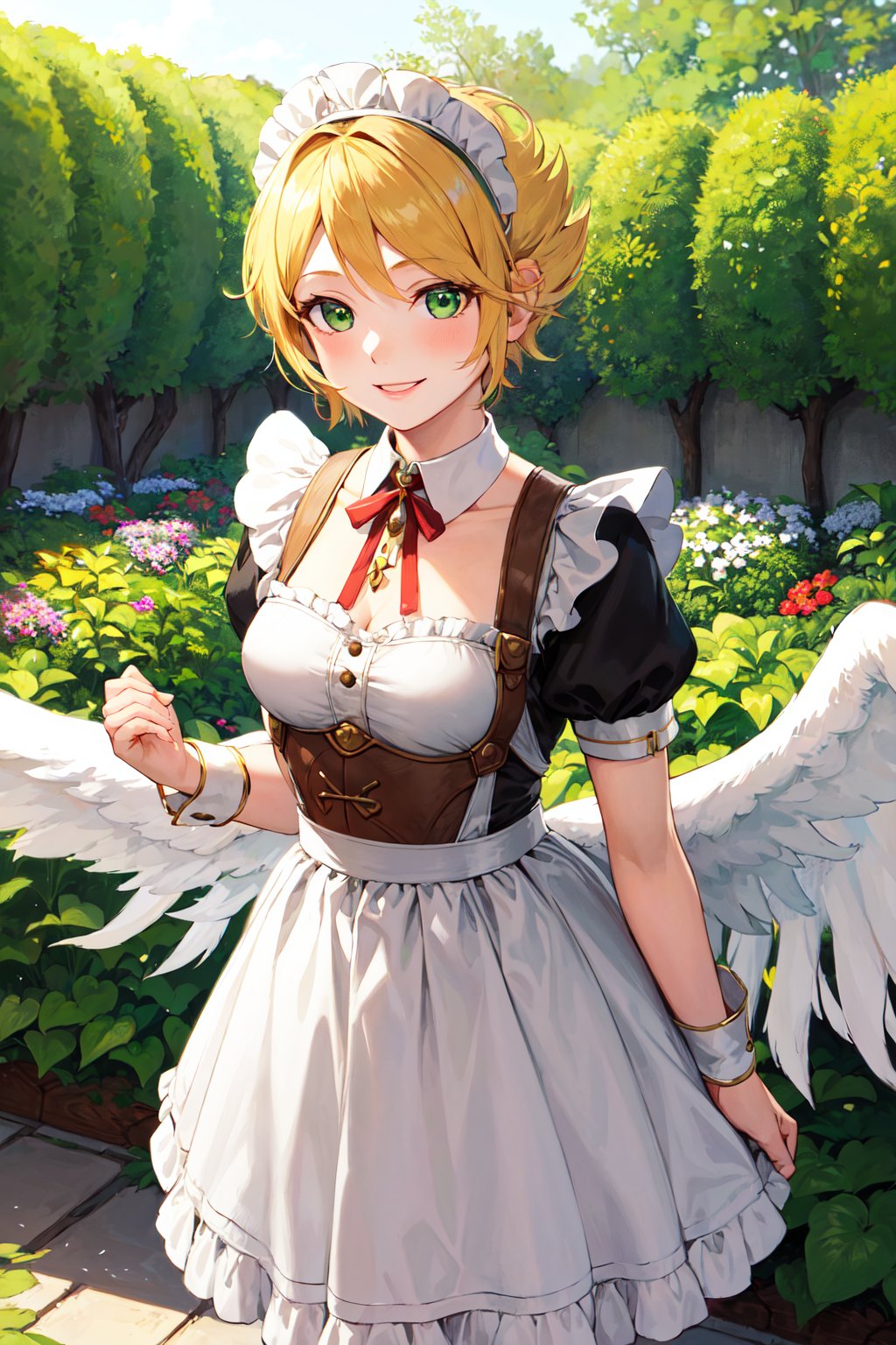 masterpiece, best quality, highres, aanina, blonde hair, short hair, floating hair, hairband, green eyes, feathered wings, white wings, <lora:nina_bof1_v1:0.8> maid, garden, standing, smile