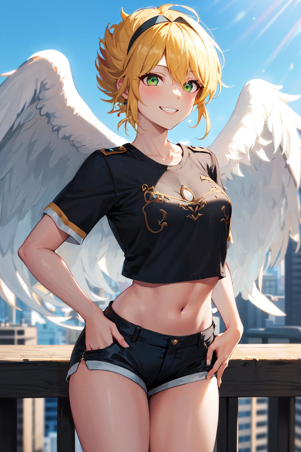 masterpiece, best quality, highres, aanina, blonde hair, short hair, floating hair, hairband, green eyes, feathered wings, white wings, <lora:nina_bof1_v1:0.8>. black shirt, crop top, black jacket, short shorts, hands in pockets, evil grin, city,