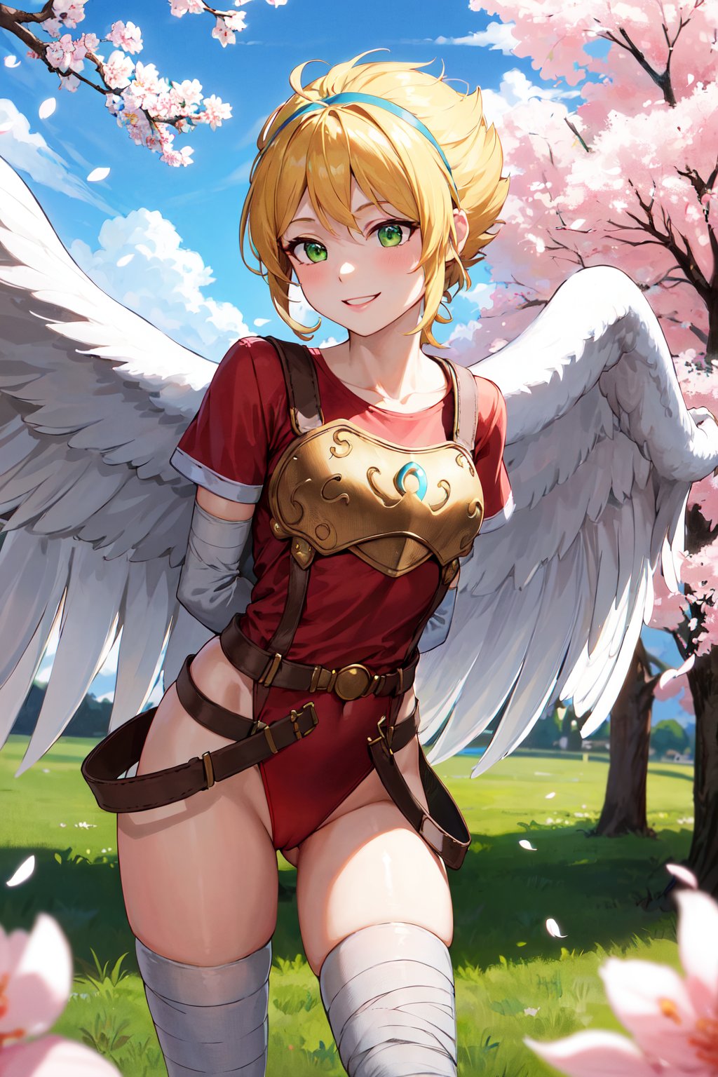 masterpiece, best quality, highres, aanina, blonde hair, short hair, floating hair, hairband, green eyes, feathered wings, white wings, armor, red leotard, red shirt, belt, elbow gloves, white gloves, bandages, thighhighs, <lora:nina_bof1_v1:0.8>, smile, arms behind back, standing, cherry blossoms, outdoors, bent over, 