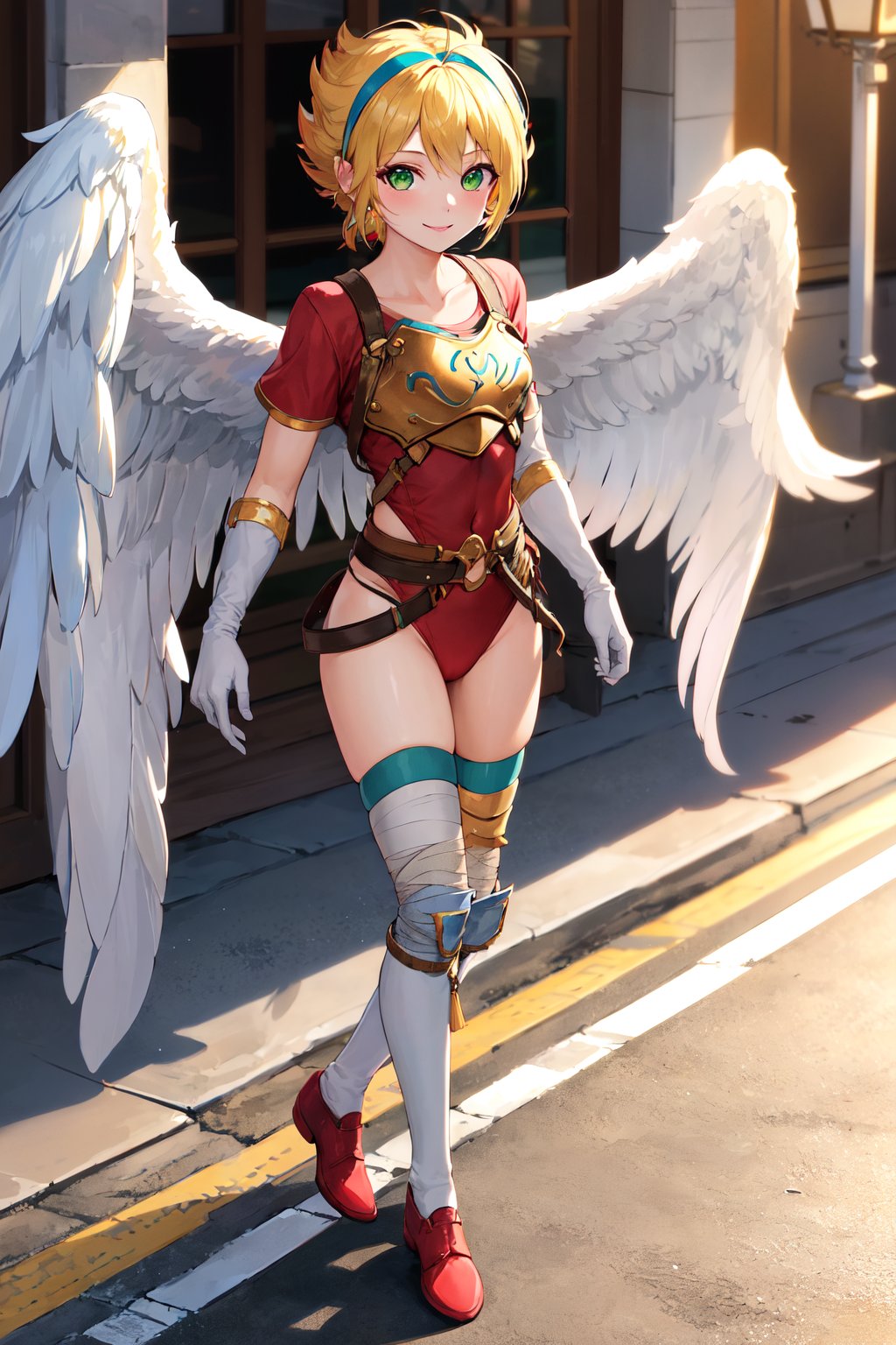 masterpiece, best quality, highres, aanina, blonde hair, short hair, floating hair, hairband, green eyes, feathered wings, white wings, armor, red leotard, red shirt, belt, elbow gloves, white gloves, bandages, thighhighs, <lora:nina_bof1_v1:0.8>, walking, street, smile