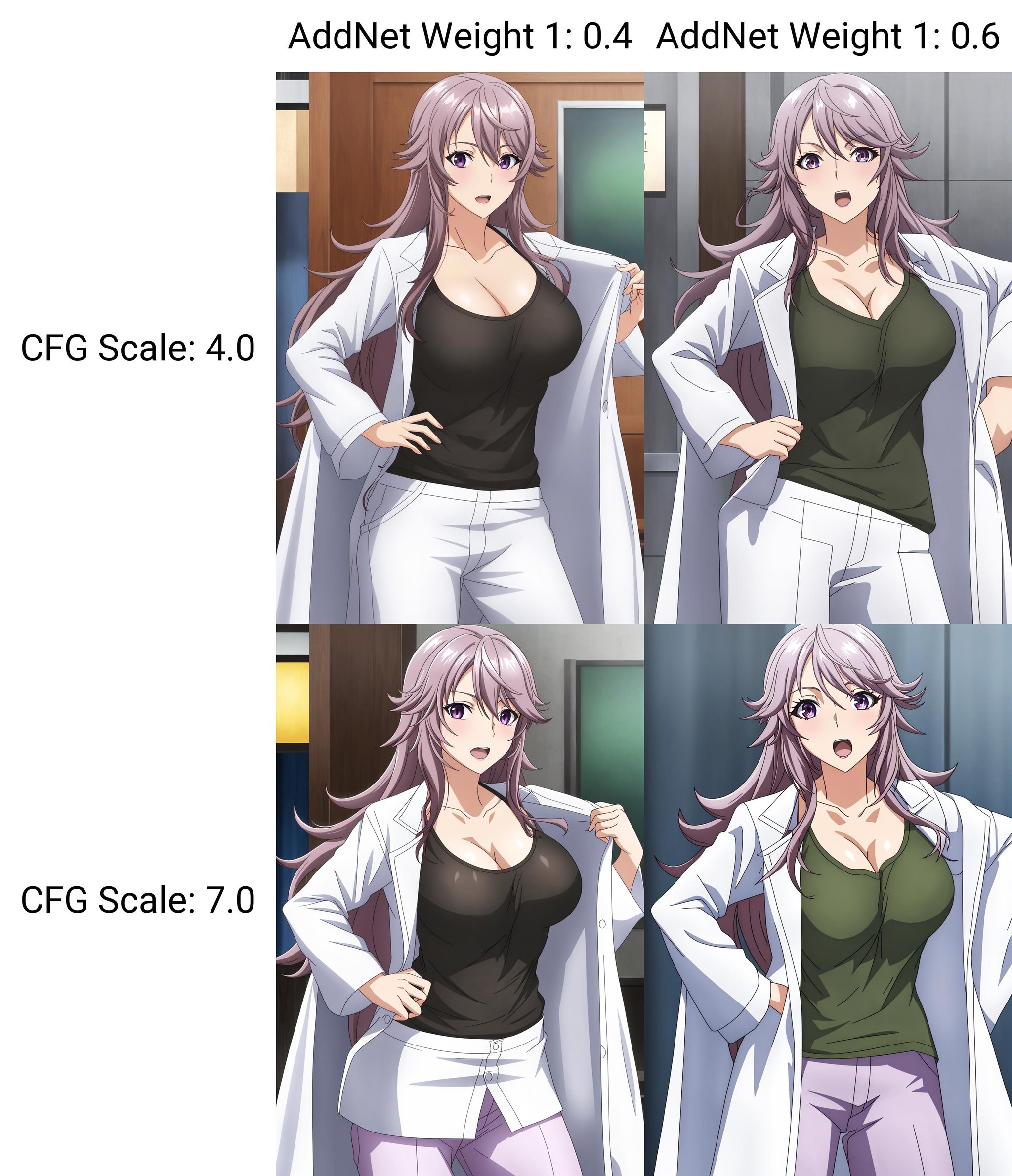 sawada, anime_art_style 1girl, solo, long_hair, breasts, looking_at_viewer, open_mouth, bangs, shirt, cleavage, medium_breasts, purple_eyes, collarbone, pants, sleeves_rolled_up, labcoat