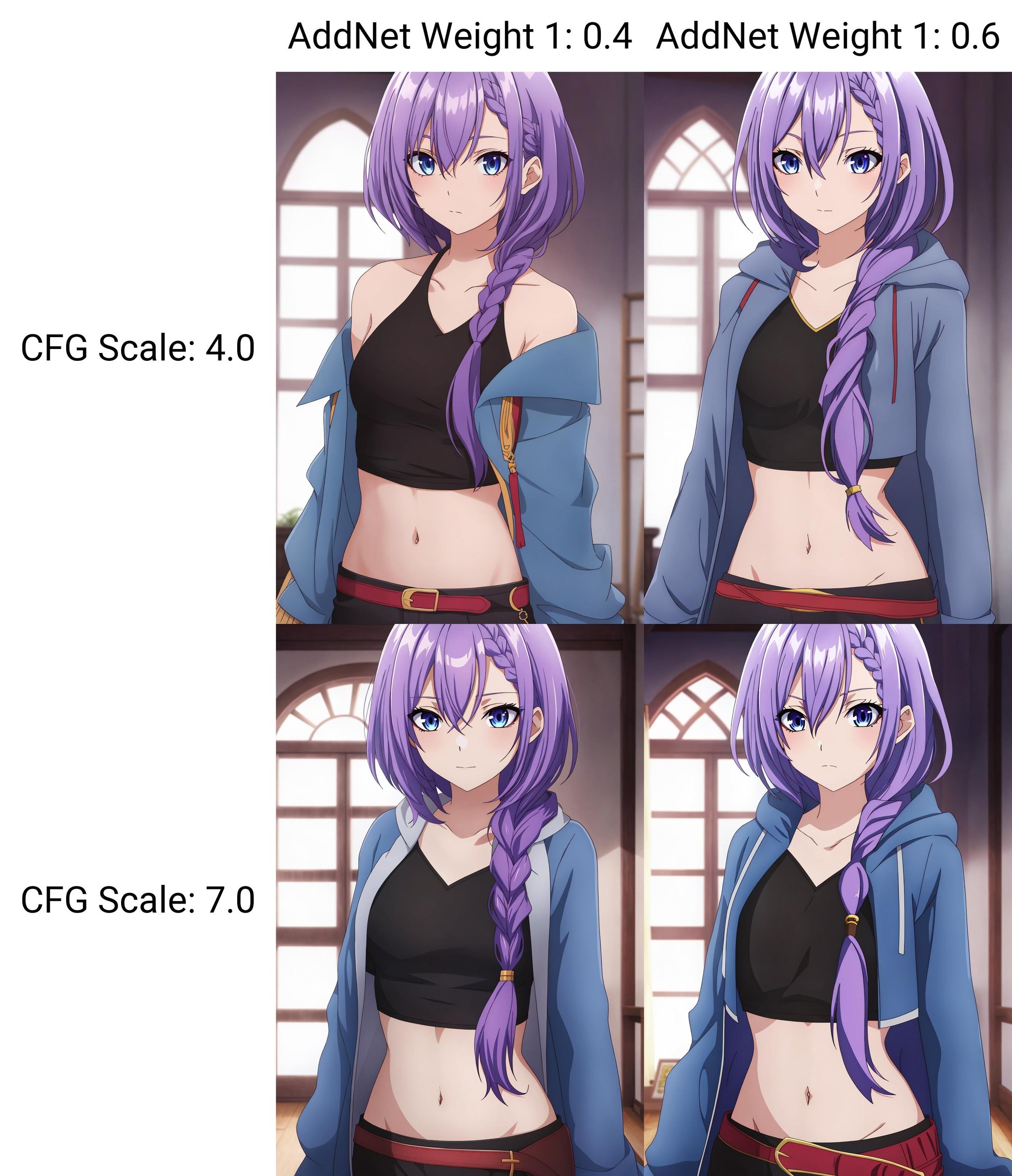 luna, anime_art_style 1girl, solo, long_hair, looking_at_viewer, bangs, blue_eyes, navel, hair_between_eyes, closed_mouth, collarbone, upper_body, purple_hair, braid, midriff, indoors