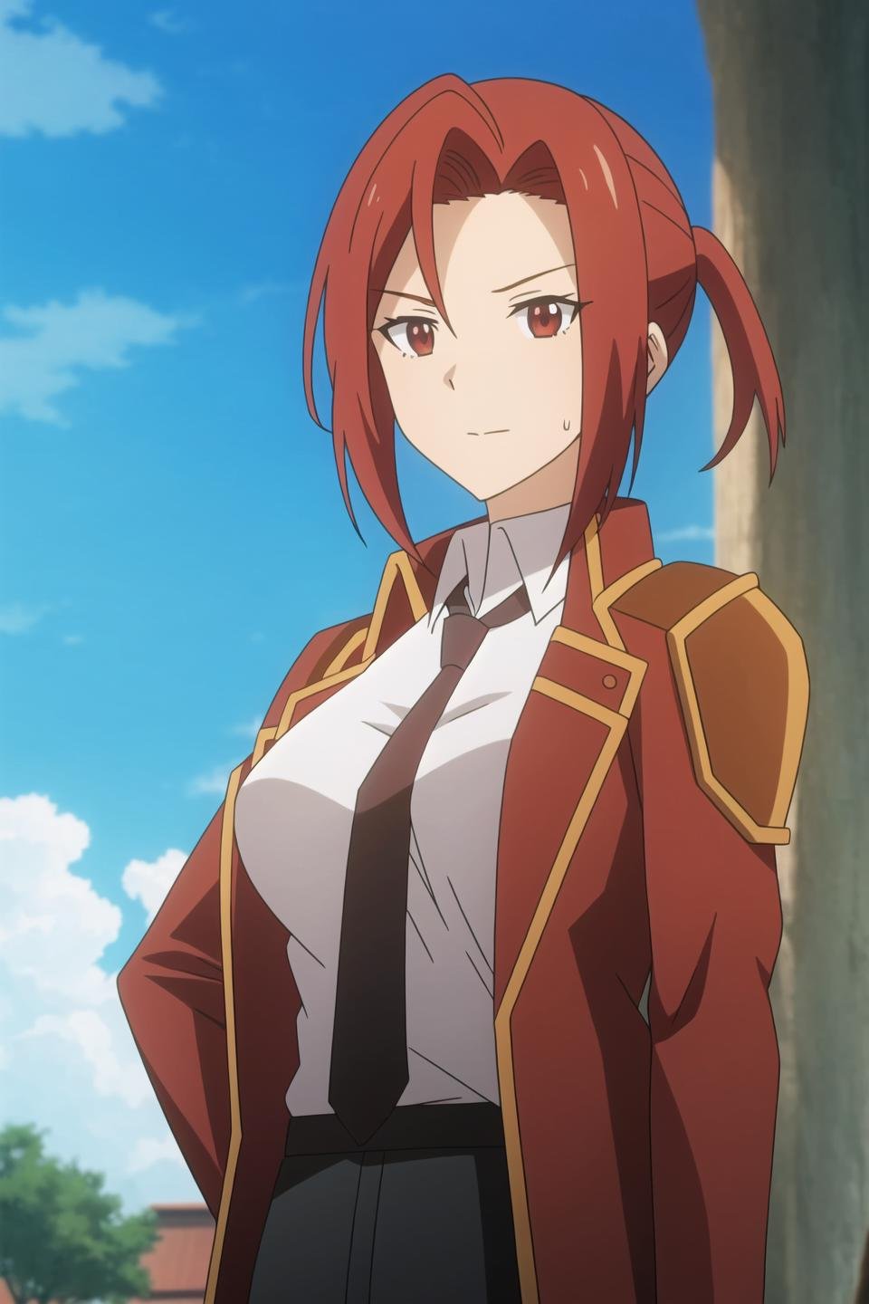 christina, anime art style, 1girl, red_hair, shirt, red_eyes, brown_eyes, jacket, white_shirt, upper_body, red_hair, outdoors, necktie, sky, solo_focus, day, cloud, sweatdrop, armor, blue_sky, shoulder_armor, black_necktie