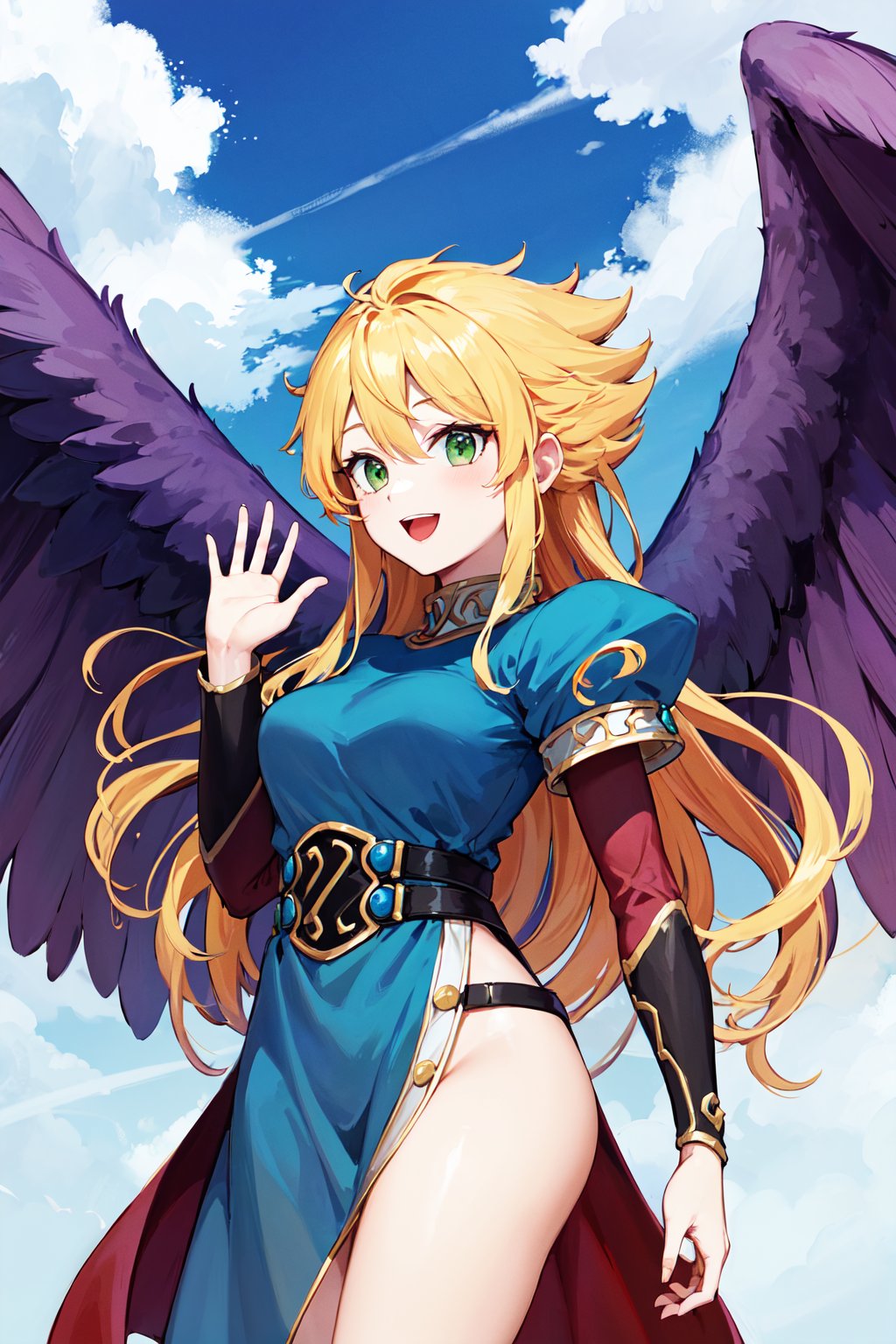 masterpiece, best quality, highres, bbnina, blonde hair, long hair, green eyes, (purple wings:1.1), feathered wings, blue dress, puffy sleeves, long sleeves, thighs, side slit, <lora:nina_bof2_v1:0.8>, cowboy shot, standing, outdoors, smile, waving, open mouth, 