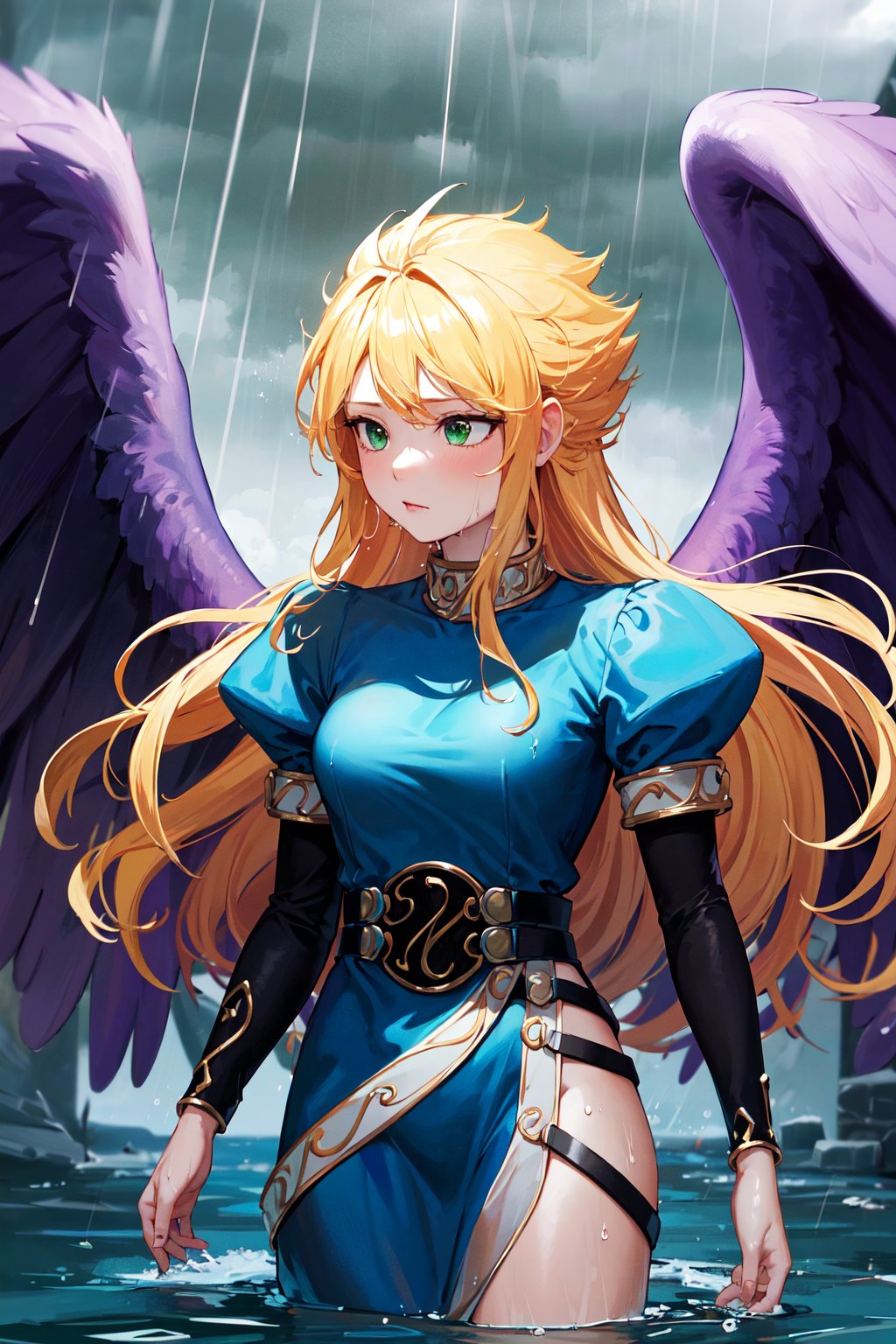 masterpiece, best quality, highres, bbnina, blonde hair, long hair, green eyes, (purple wings:1.1), feathered wings, blue dress, puffy sleeves, long sleeves, thighs, side slit, <lora:nina_bof2_v1:0.8>, ruins, wet, (rain:1.2), sad, standing, partially submerged, 