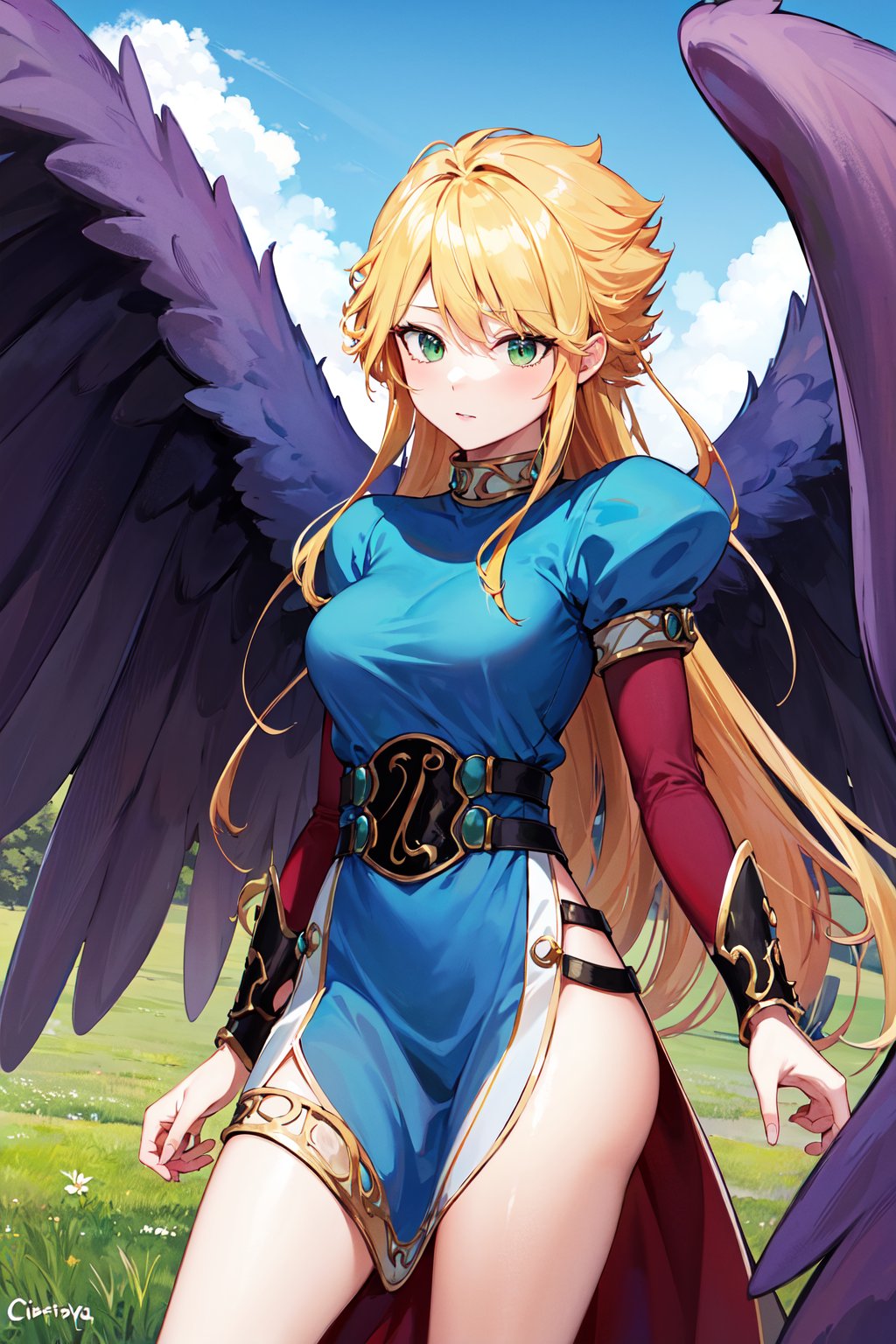 masterpiece, best quality, highres, bbnina, blonde hair, long hair, green eyes, (purple wings:1.1), feathered wings, blue dress, puffy sleeves, long sleeves, thighs, side slit, <lora:nina_bof2_v1:0.8>, cowboy shot, standing, outdoors, arms at sides, 