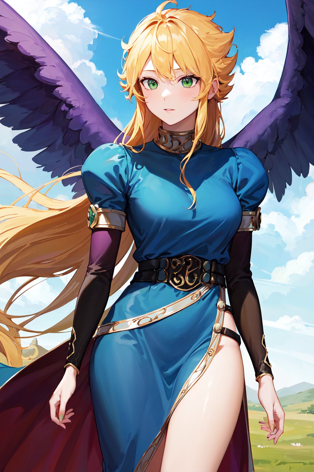 masterpiece, best quality, highres, bbnina, blonde hair, long hair, green eyes, (purple wings:1.1), feathered wings, blue dress, puffy sleeves, long sleeves, thighs, side slit, <lora:nina_bof2_v1:0.8>, cowboy shot, standing, outdoors, arms at sides, 