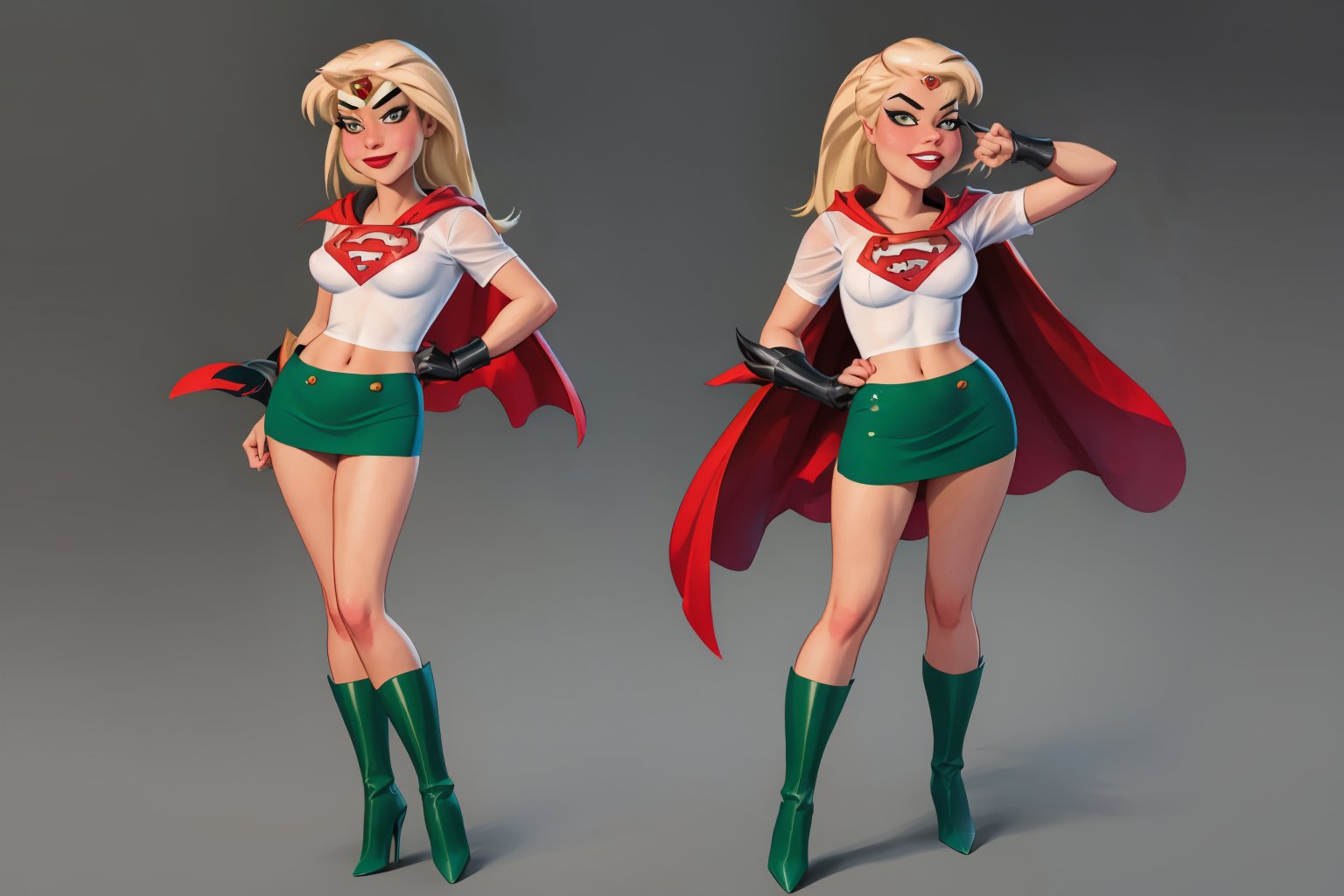 masterpiece, best quality, highres, (((three sided view, reference sheet))), 1girl, superhero girl, superheroine, (((full body))), simple background, seductive smile, sexy green and yellow superhero costume with cape, high boots, high heels, mini skirt,cartoon