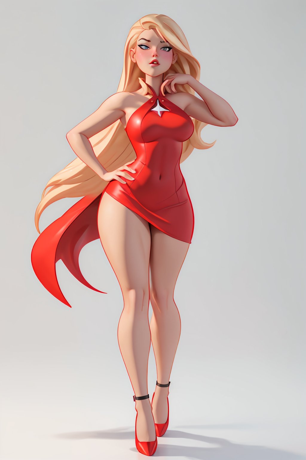 high detailed, masterpiece, 1girl cartoon character in a red dress and high heel shoes, blonde hair, perfect hands, big breast, wide hips, thick thighs, ultra realistic digital art, a 3D render, photorealism, clean scene, white background, white wall, shinny floor, white floor