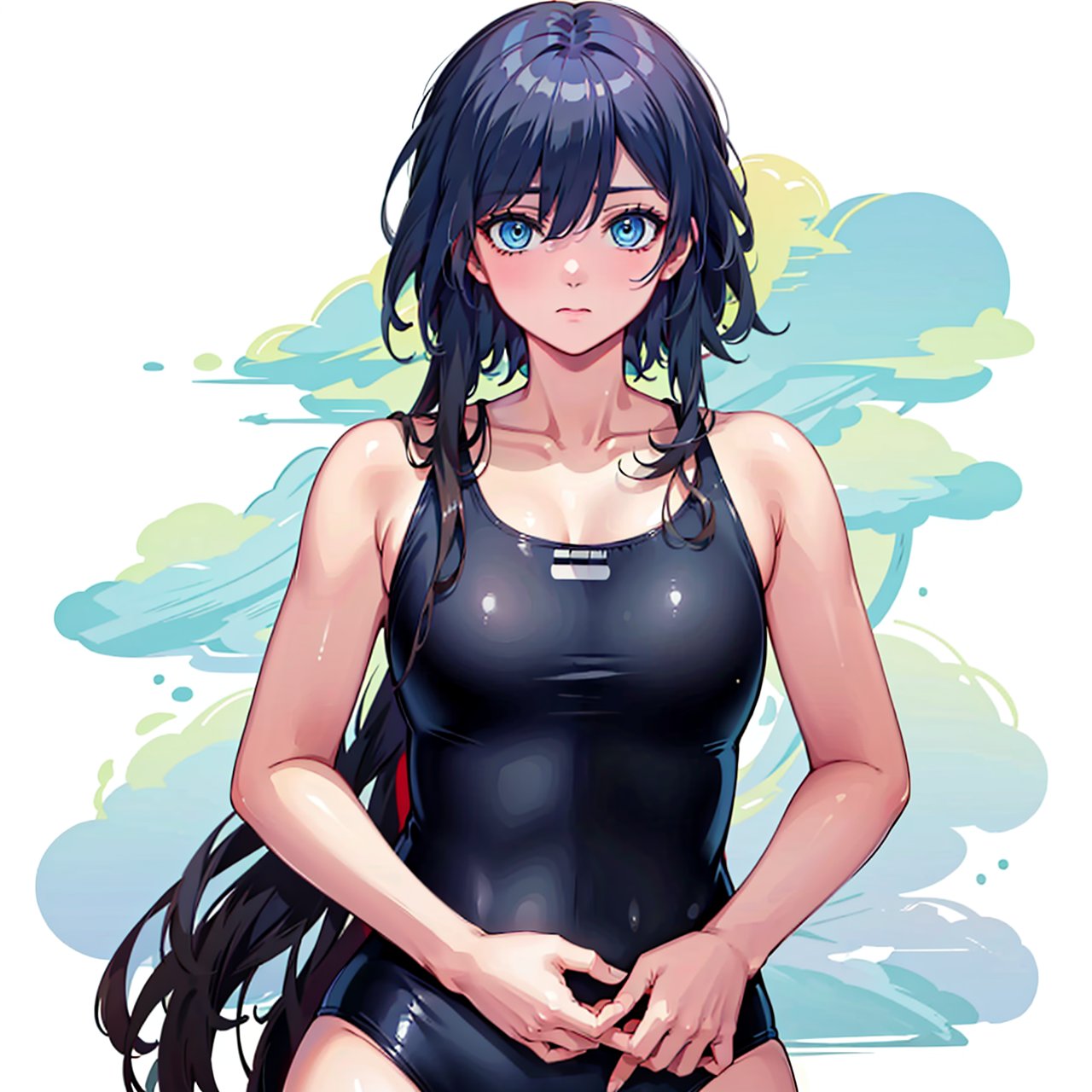 (masterpiece:1.3),(the best quality:1.2),(super fine illustrations:1.2),(Masterpiece),high quality,high detail,(white background:1.2),looking at viewer,(SOLO:1.4),outline,simplebackground,collarbone,sleeveless,school swimsuit,one-piece swimsuit,black swimsuit,barefoot,bare shoulders,bare arms,fu hua,blue_eyes,hair_between_eyes,