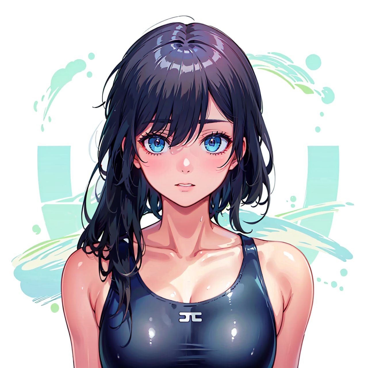 (masterpiece:1.3),(the best quality:1.2),(super fine illustrations:1.2),(Masterpiece),high quality,high detail,(white background:1.2),looking at viewer,(SOLO:1.4),outline,simplebackground,collarbone,sleeveless,school swimsuit,one-piece swimsuit,black swimsuit,barefoot,bare shoulders,bare arms,fu hua,blue_eyes,hair_between_eyes,