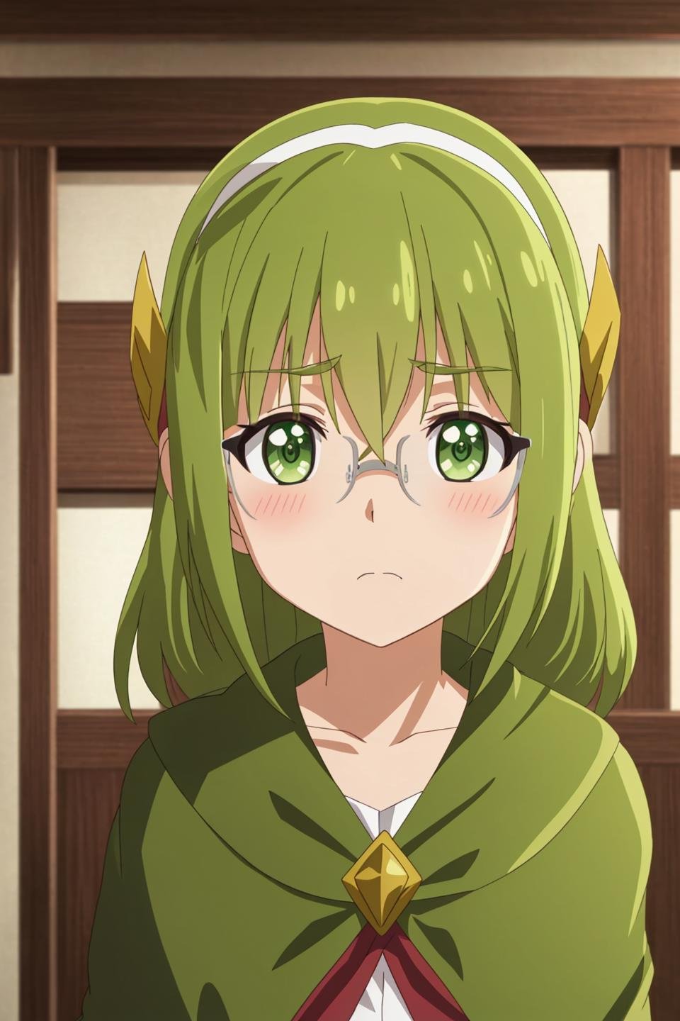 flicker, anime, 1girl, solo, looking_at_viewer, blush, bangs, closed_mouth, green_eyes, hairband, green_hair, glasses, v-shaped_eyebrows, frown, parody, close-up, rimless_eyewear