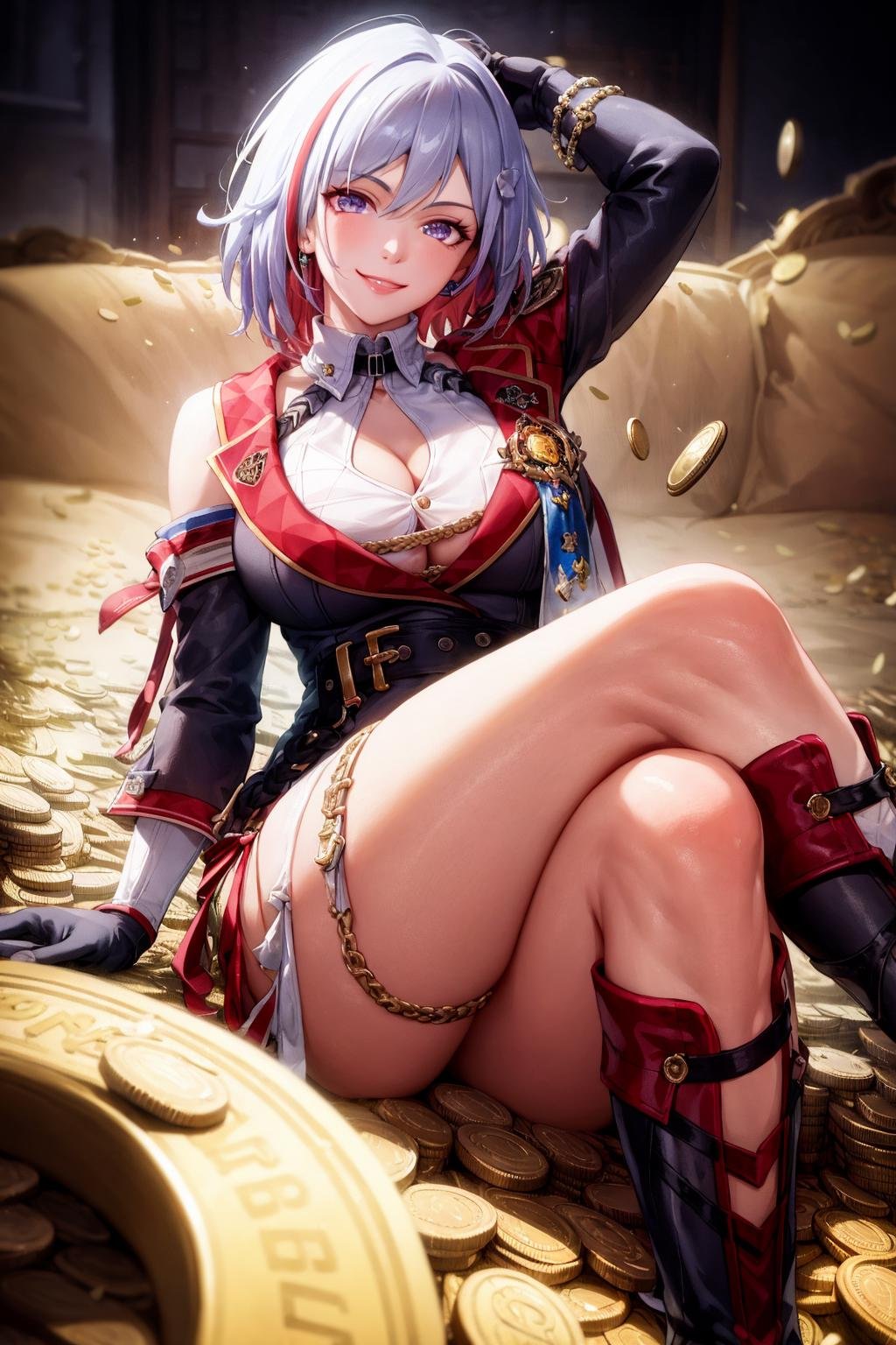 masterpiece, best quality,8K,realistic, <lora:Topaz:1>,1girl, coin, breasts, crossed legs, streaked hair, cleavage, multicolored hair, solo, sitting, short hair, gloves, purple eyes, smile, looking at viewer, boots, large breasts, red hair, gold, white hair, clothing cutout, bangs, gem, arm behind head