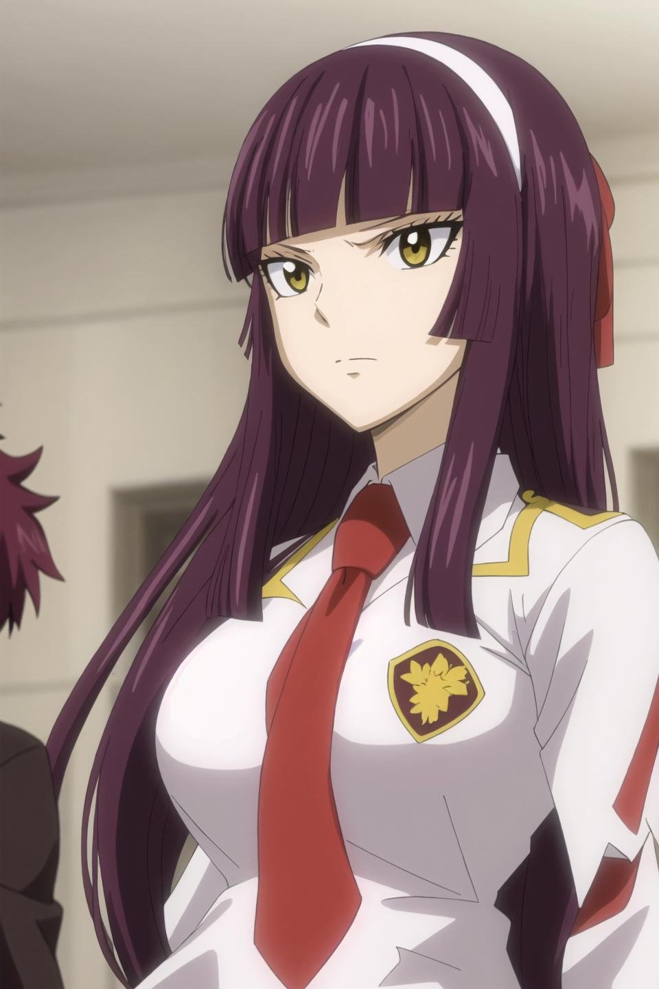 kagura, fairy tail, anime art style, 1girl, solo, long_hair, looking_at_viewer, bangs, brown_eyes, closed_mouth, school_uniform, purple_hair, hairband, necktie, collared_shirt, blunt_bangs, red_necktie, portrait, close-up, tsurime, serious, white_hairband, hime_cut