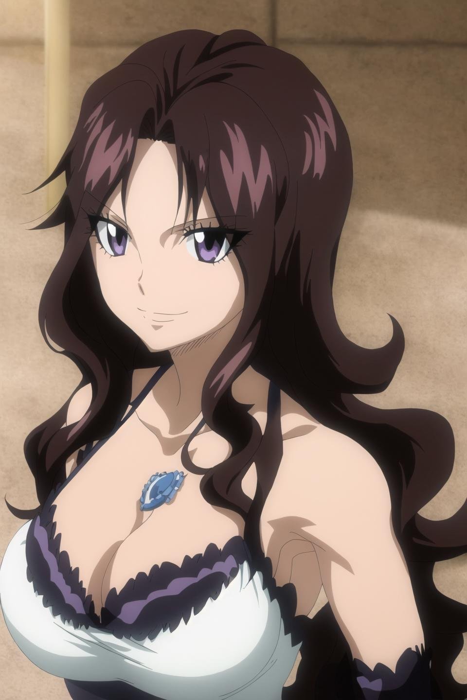 cana, fairy tail, anime art style, 1girl, solo, long_hair, breasts, smile, brown_hair, black_hair, cleavage, bare_shoulders, purple_eyes, collarbone