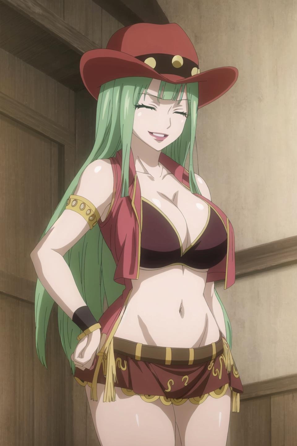 bisca, fairy tail, anime art style, 1girl, long_hair, breasts, smile, open_mouth, large_breasts, hat, navel, cleavage, closed_eyes, green_hair, midriff, makeup, facial_hair, lipstick