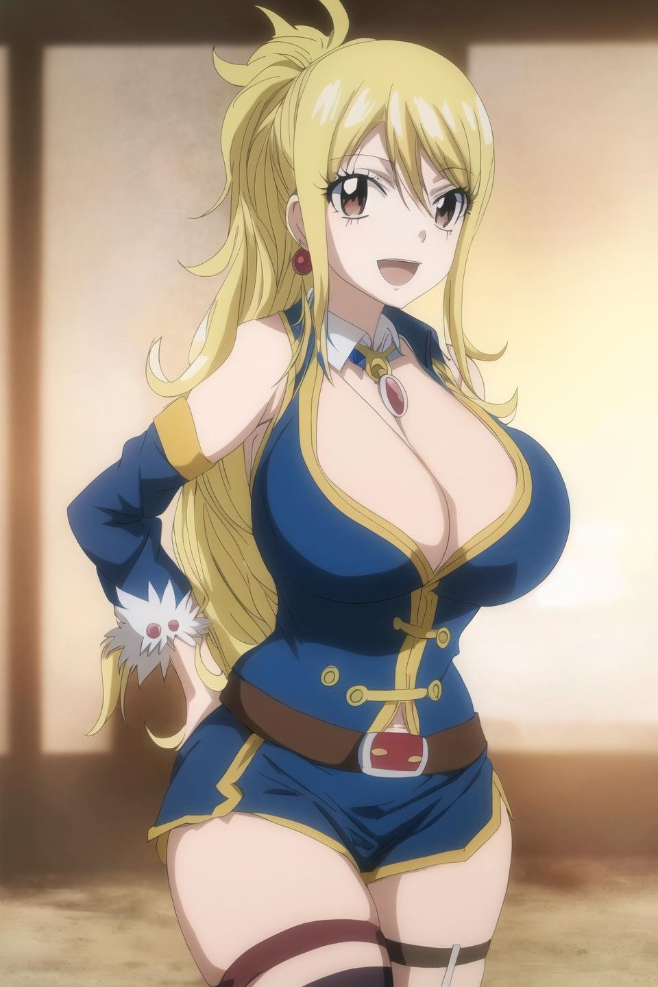 lucy, fairy tail, anime art style, 1girl, solo, long_hair, breasts, smile, open_mouth, blonde_hair, large_breasts, cleavage, bare_shoulders, brown_eyes, jewelry, upper_body, ponytail, :d, sidelocks, earrings, detached_sleeves, anime_coloring