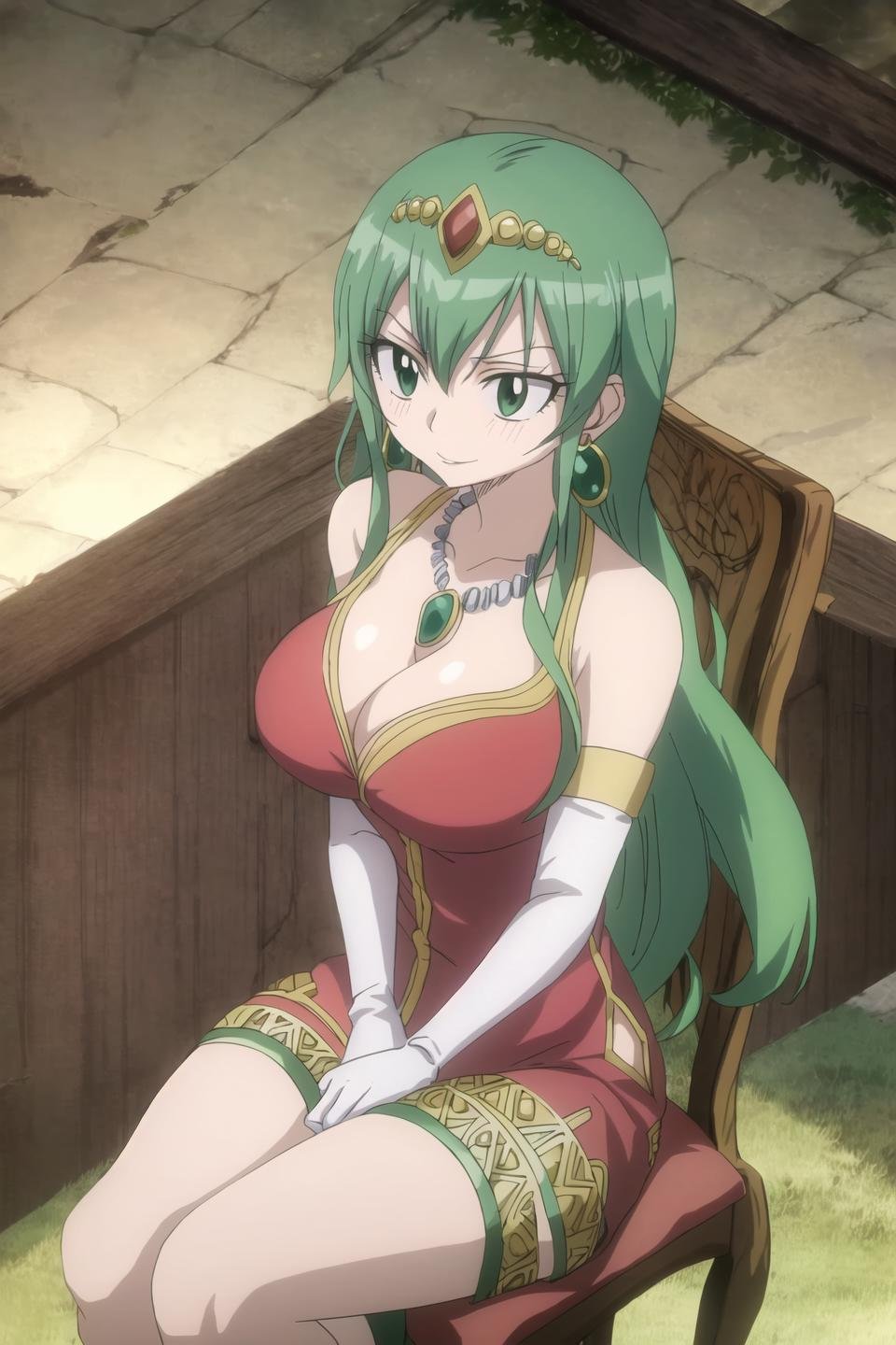 hisui, fairy tail, anime art style, 1girl, solo, long_hair, breasts, looking_at_viewer, gloves, dress, cleavage, bare_shoulders, jewelry, sitting, green_eyes, earrings, green_hair, elbow_gloves, necklace, white_dress, chair, tiara