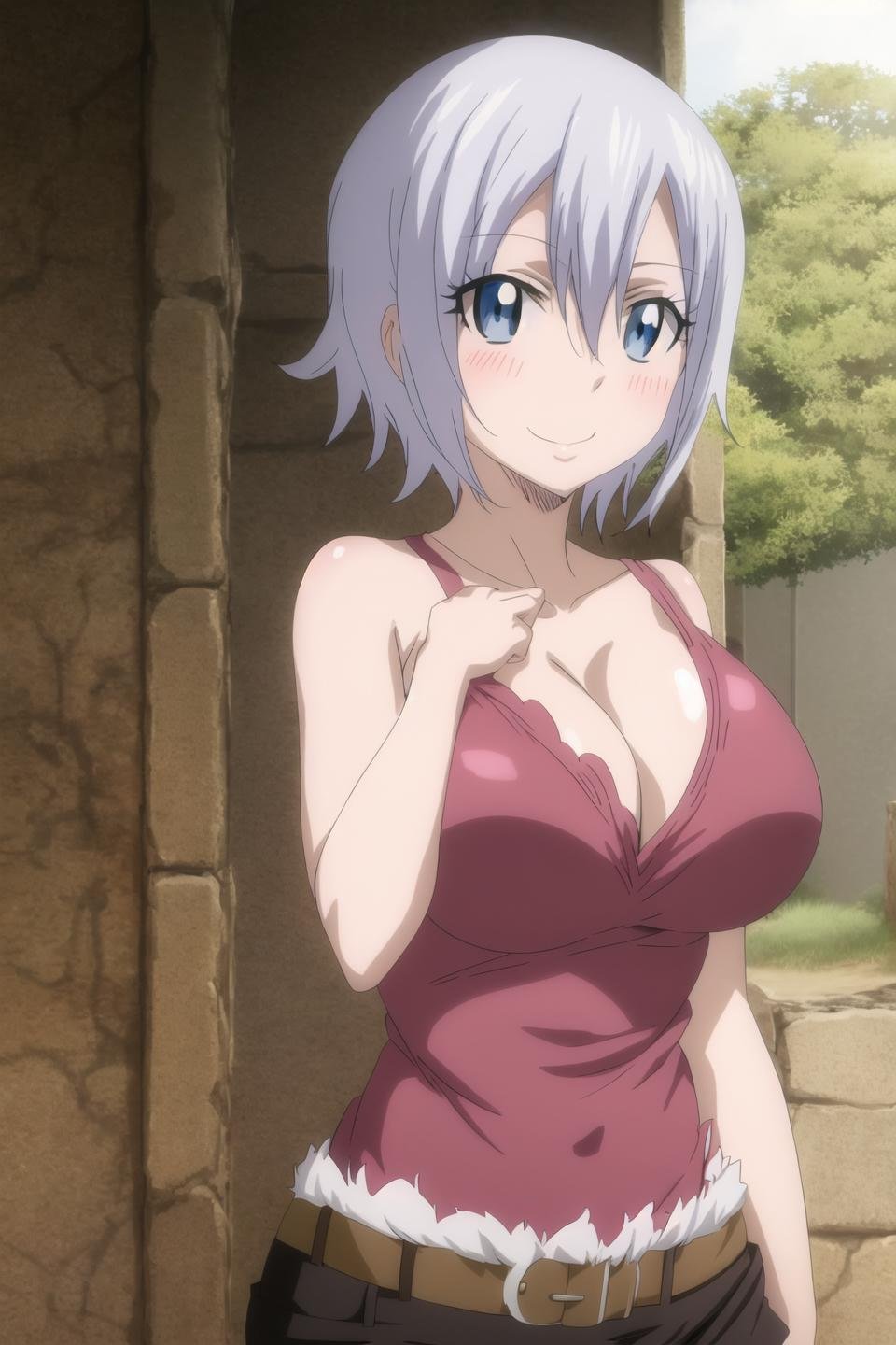 lisanna, fairy tail, anime art style, 1girl, solo, breasts, blush, smile, short_hair, open_mouth, blue_eyes, cleavage, bare_shoulders, collarbone, grey_hair, anime_coloring