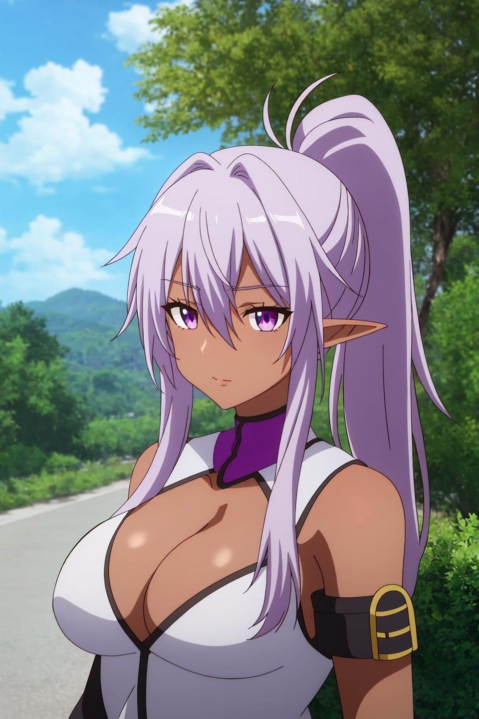 aisha, anime, 1girl, solo, long_hair, breasts, looking_at_viewer, large_breasts, cleavage, hair_between_eyes, purple_eyes, upper_body, ponytail, outdoors, sky, day, pointy_ears, dark_skin, armor, dark-skinned_female, tree, elf, dark_elf, anime_coloring