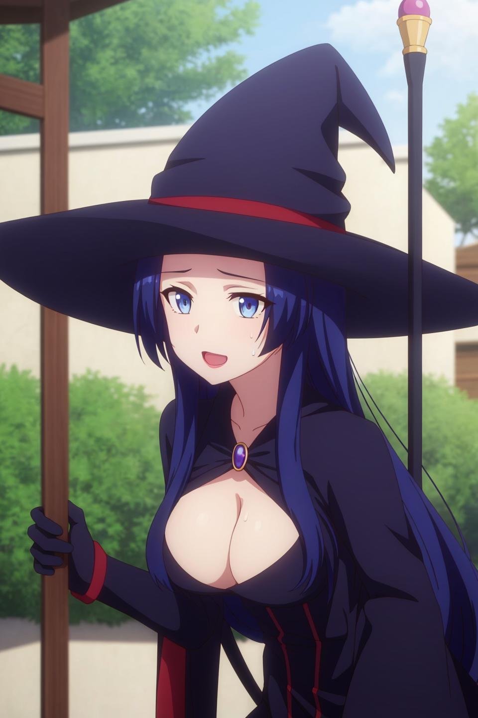 julia, anime, 1girl, solo, long_hair, breasts, looking_at_viewer, open_mouth, blue_eyes, hat, blue_hair, sweatdrop, witch_hat, staff