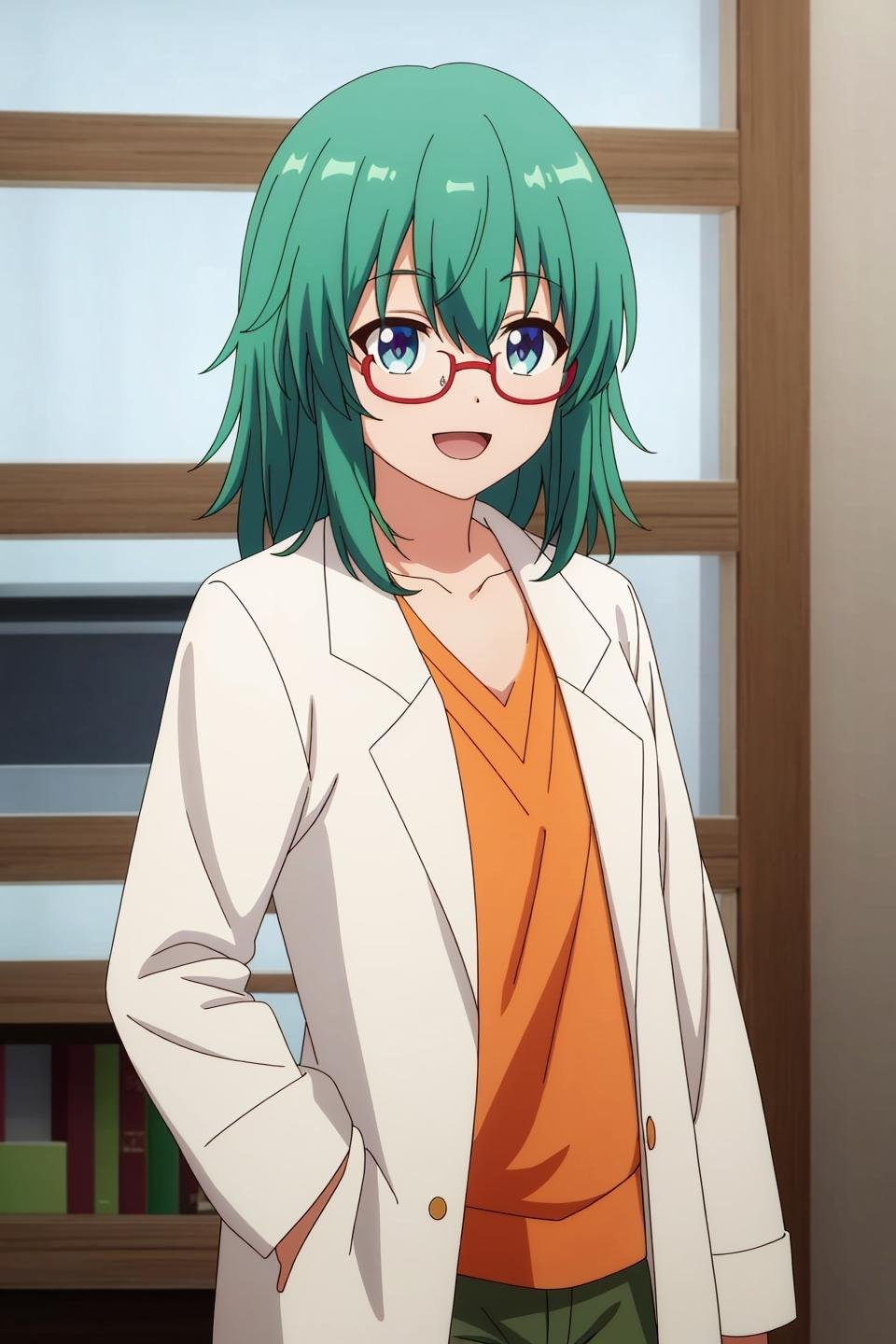 genia, anime, 1girl, solo, looking_at_viewer, smile, open_mouth, bangs, blue_eyes, shirt, hair_between_eyes, green_hair, glasses, indoors, medium_hair, labcoat, orange_shirt