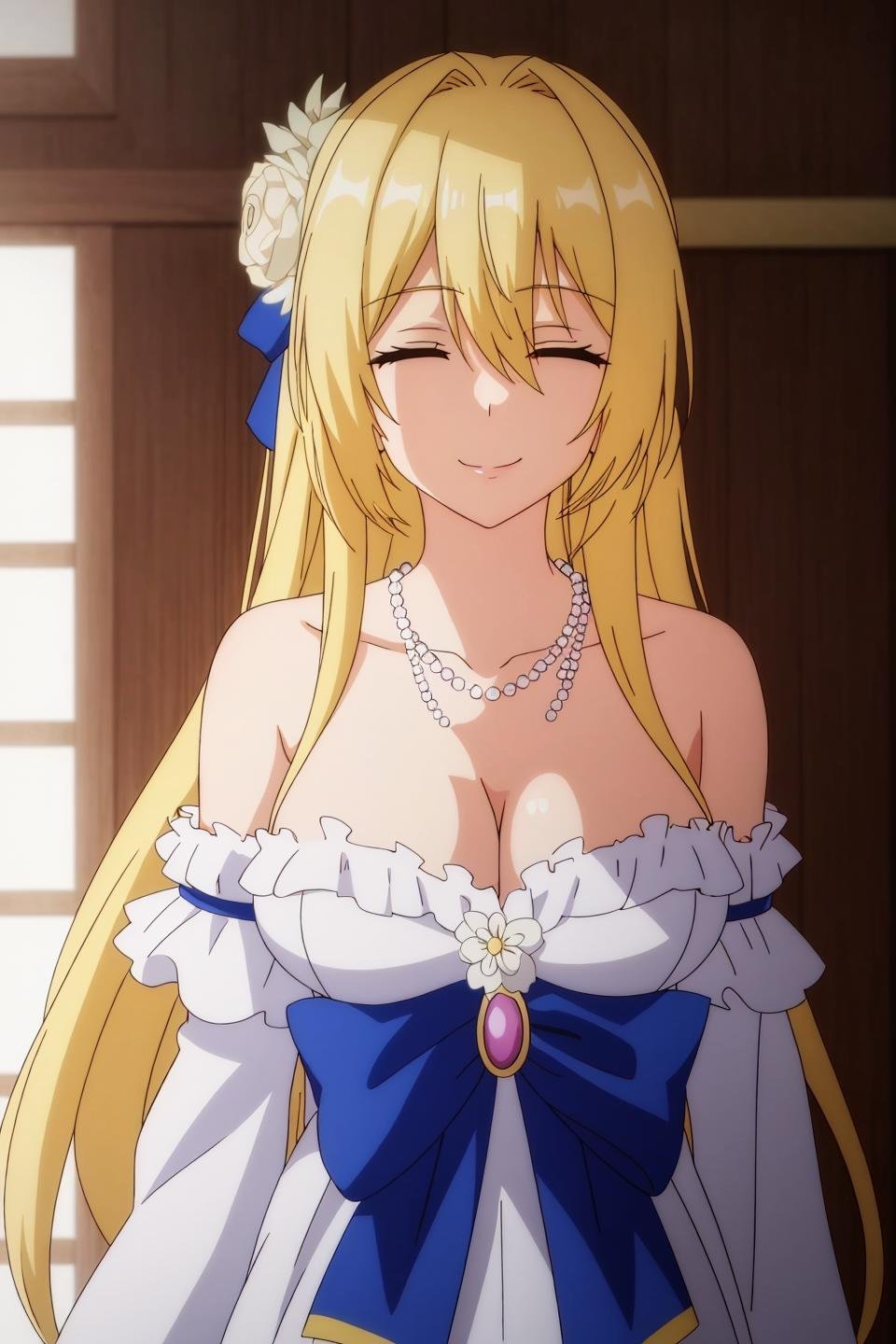 elisha, anime, 1girl, solo, long_hair, breasts, smile, blonde_hair, hair_ornament, dress, bow, cleavage, hair_between_eyes, bare_shoulders, jewelry, medium_breasts, closed_eyes, upper_body, flower, hair_flower, necklace, pearl_necklace, anime_coloring