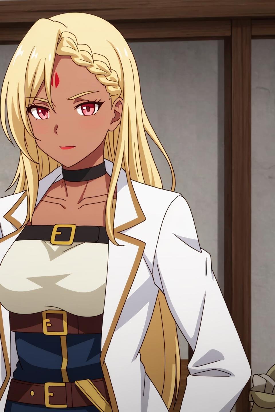 hilde, anime, 1girl, solo, long_hair, breasts, blonde_hair, red_eyes, collarbone, jacket, upper_body, braid, choker, belt, dark_skin, pink_eyes, dark-skinned_female, coat, makeup, facial_mark, white_jacket, lipstick, forehead_mark, underbust, white_coat